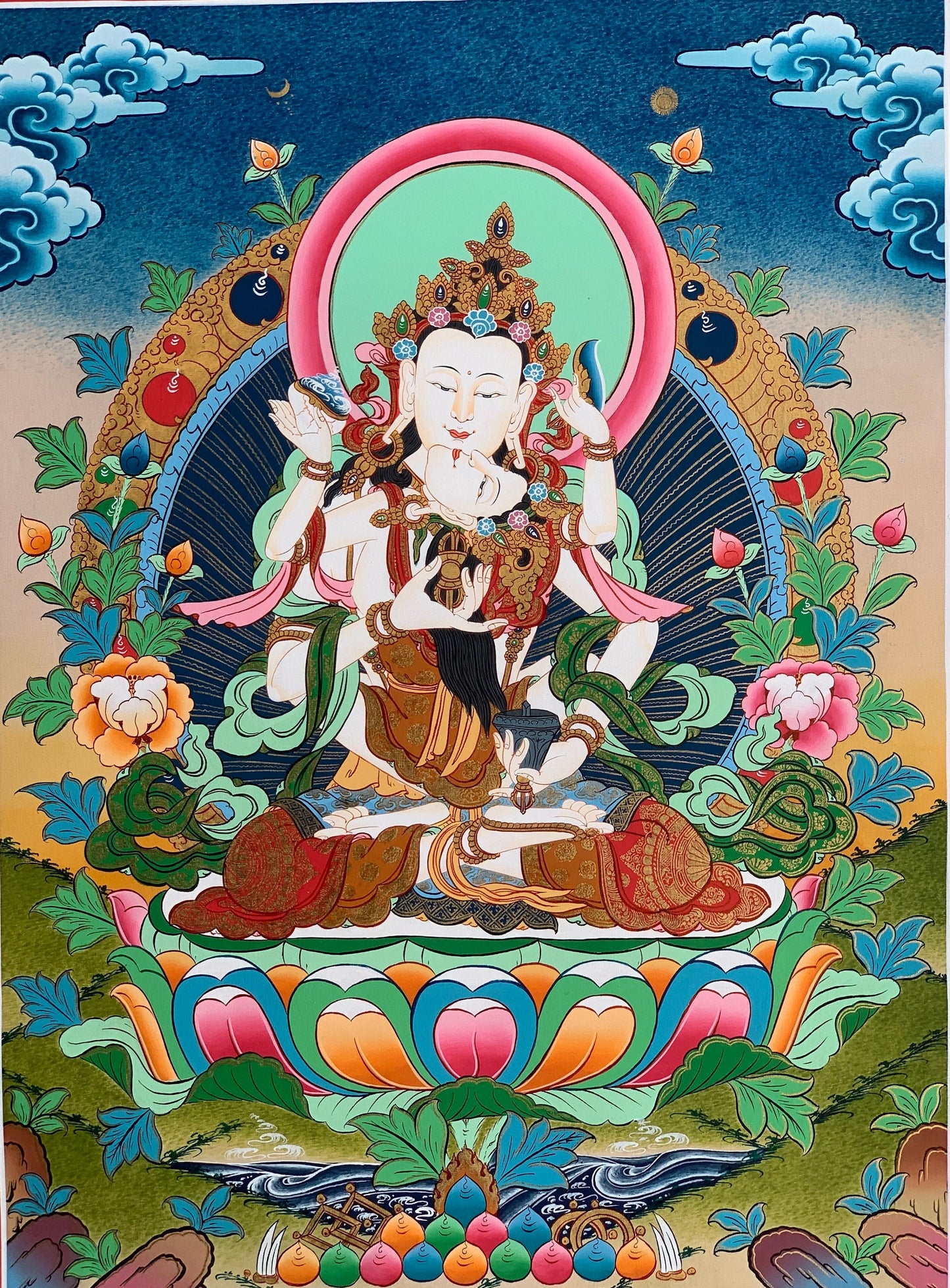 Vajrasattva Shakti Thangka Painting – Hand-Painted Tibetan Buddhist Art in Gold