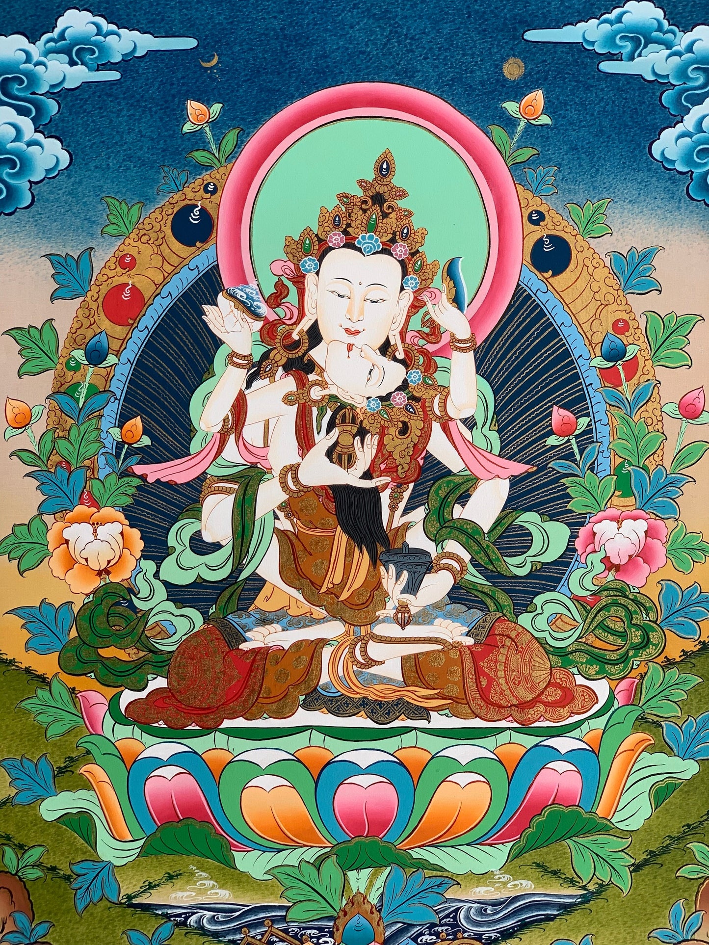 Vajrasattva Shakti Thangka Painting – Hand-Painted Tibetan Buddhist Art in Gold