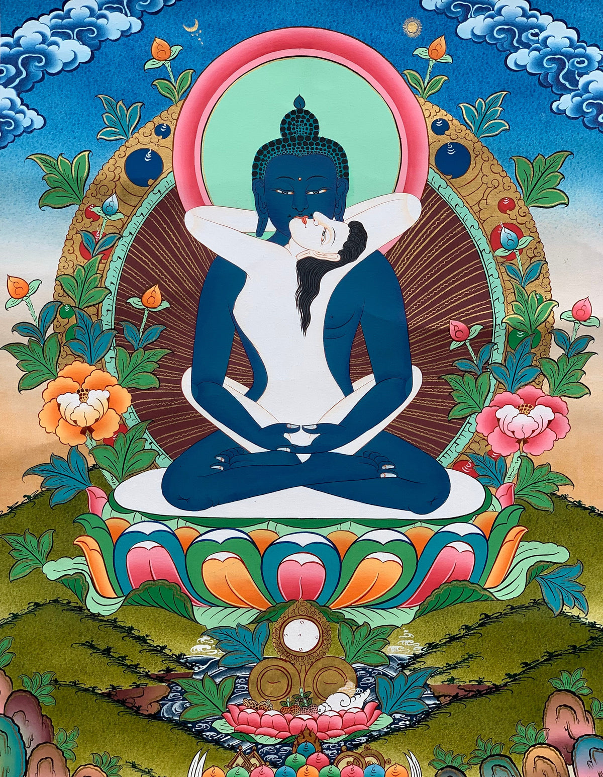 Buddha Shakti, Samantabhadra , Tibetan Thangka Painting, Original Art with Premium Silk Brocade