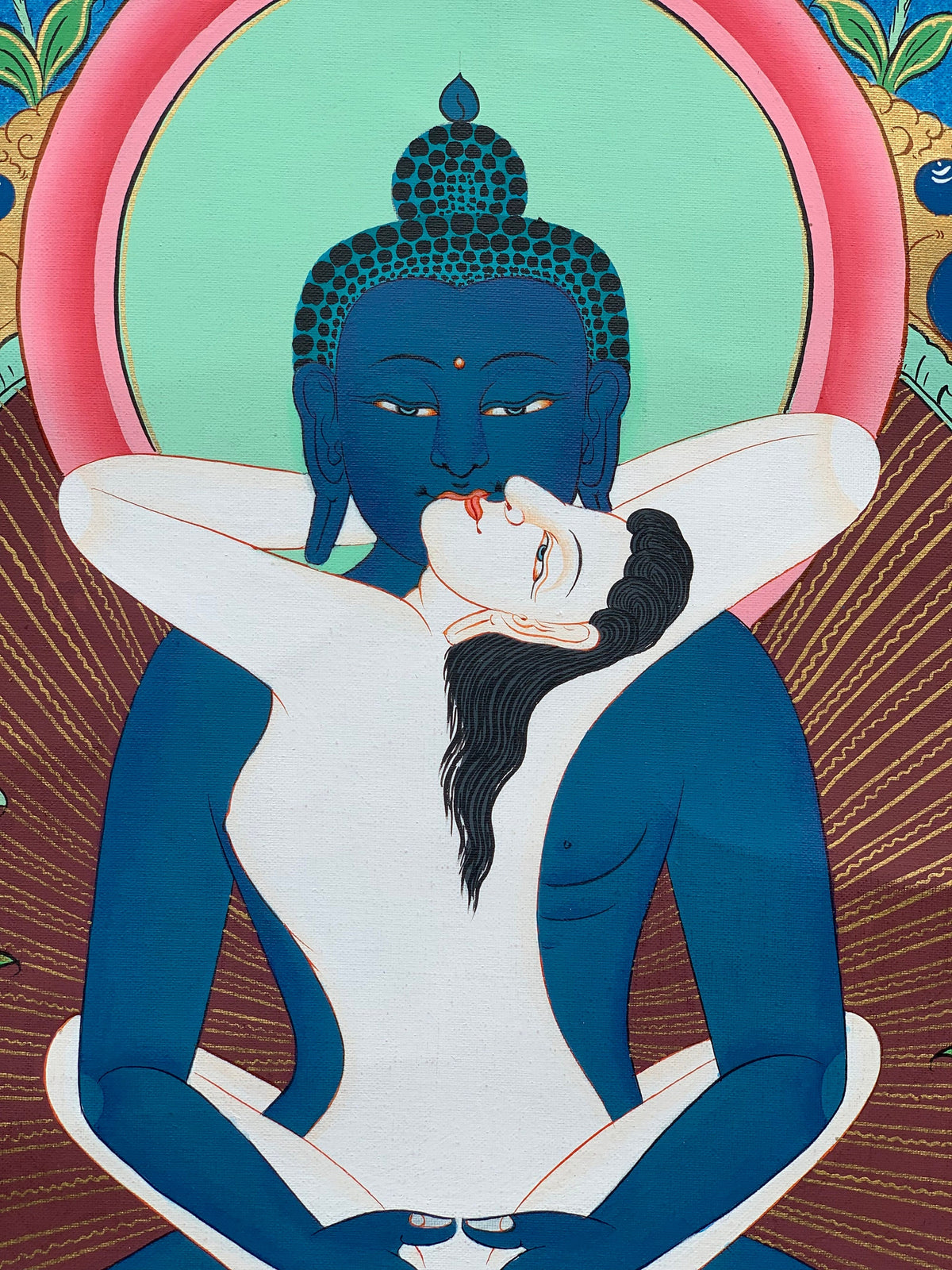 Buddha Shakti, Samantabhadra , Tibetan Thangka Painting, Original Art with Premium Silk Brocade