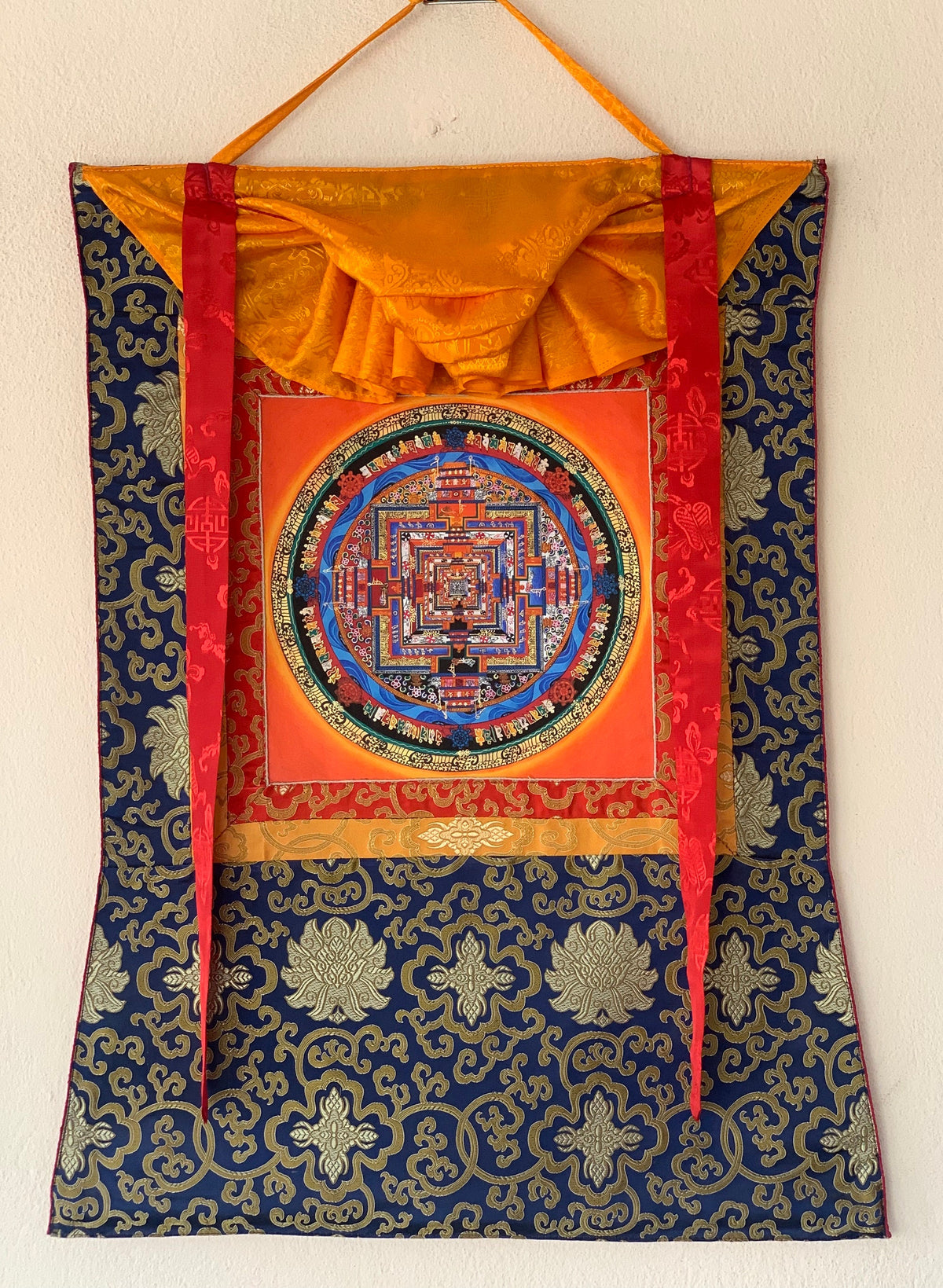 Wheel of Life, Kalachakra Mandala, Thangka Painting, Fine Quality, Original Art, with Silk Brocade