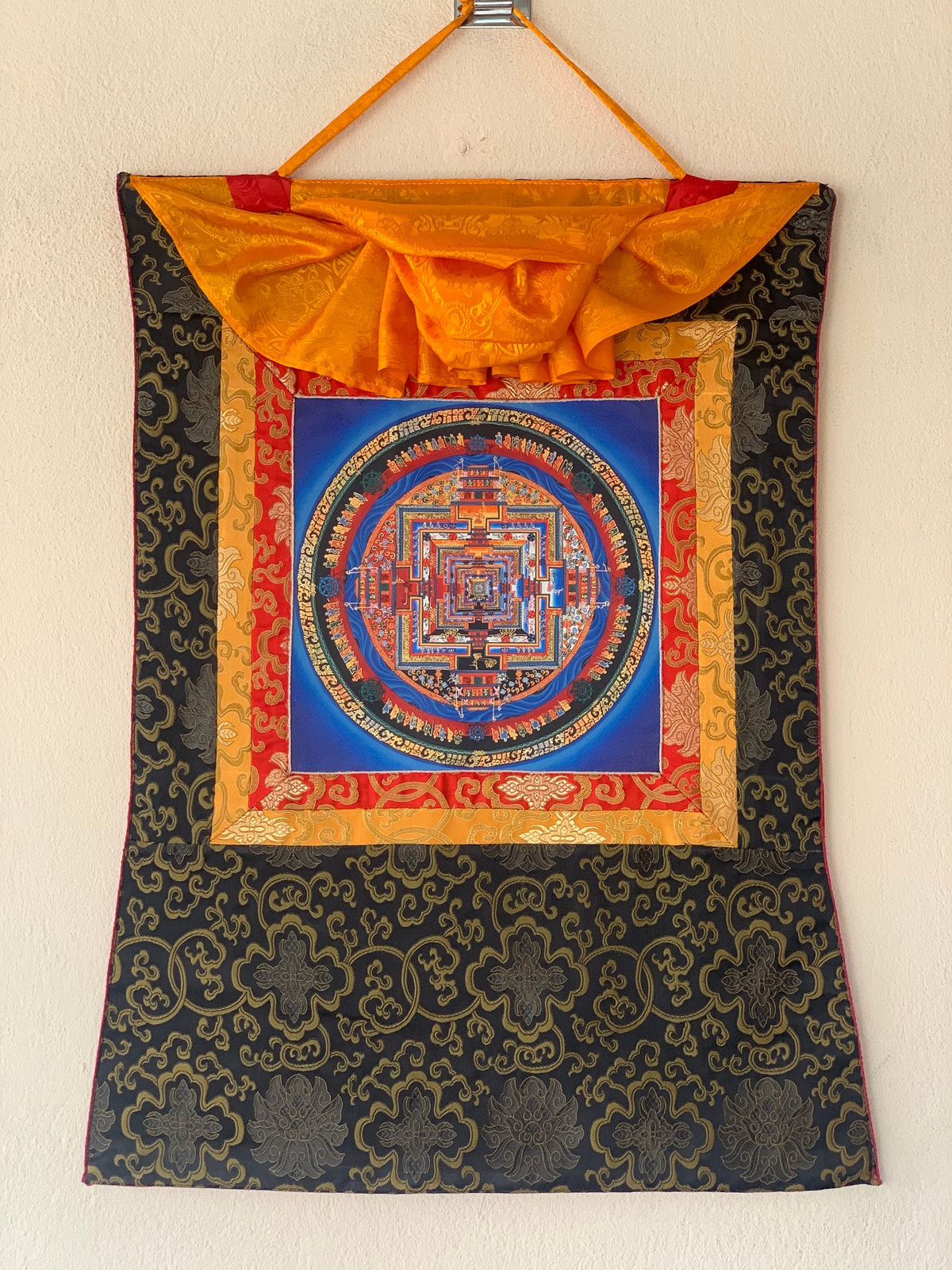 Wheel of Life, Kalachakra Mandala, Thangka Painting, Fine Quality, Original Art, with Silk Brocade
