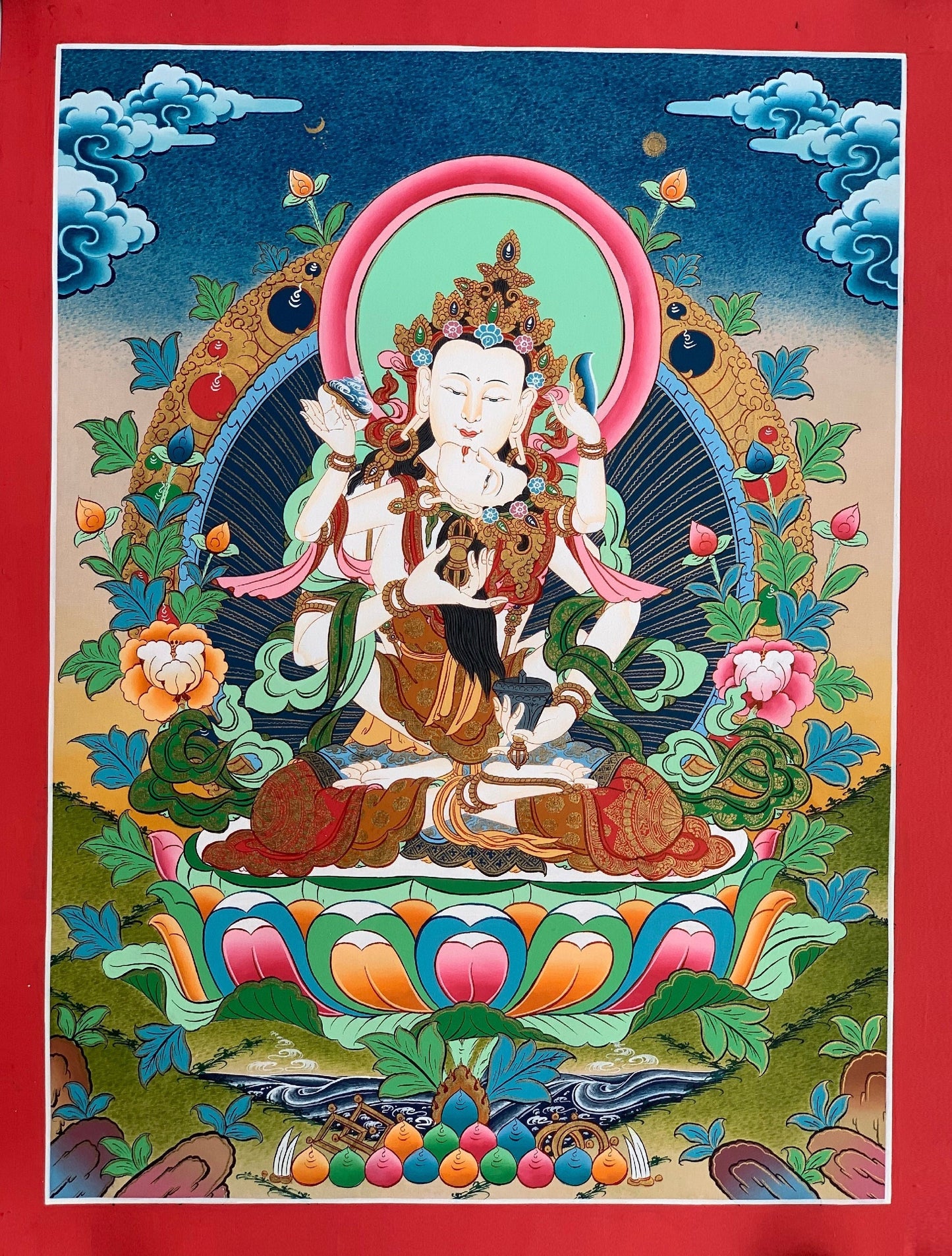 Vajrasattva Shakti Thangka Painting – Hand-Painted Tibetan Buddhist Art in Gold