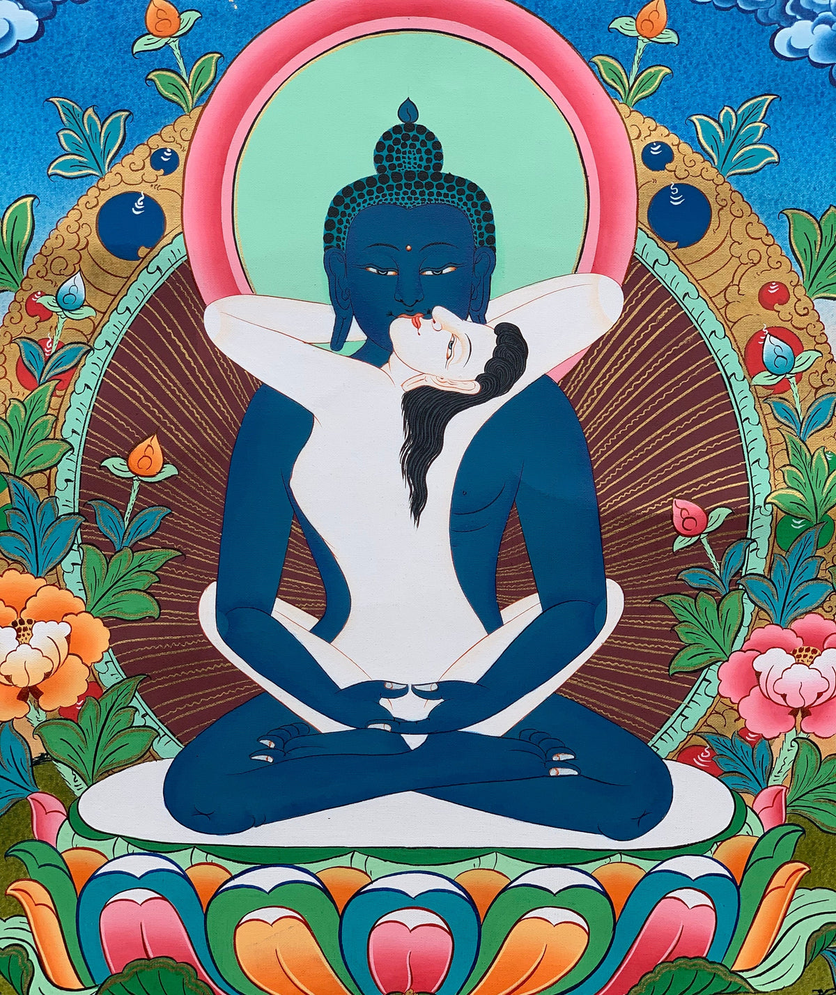 Buddha Shakti, Samantabhadra , Tibetan Thangka Painting, Original Art with Premium Silk Brocade