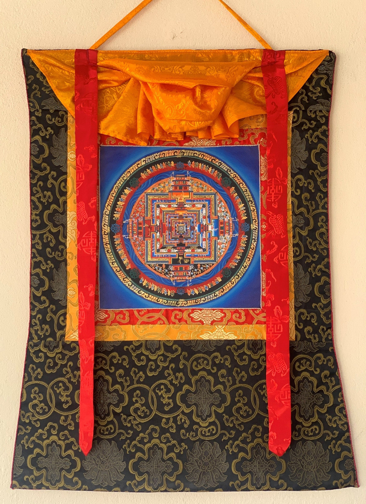 Wheel of Life, Kalachakra Mandala, Thangka Painting, Fine Quality, Original Art, with Silk Brocade