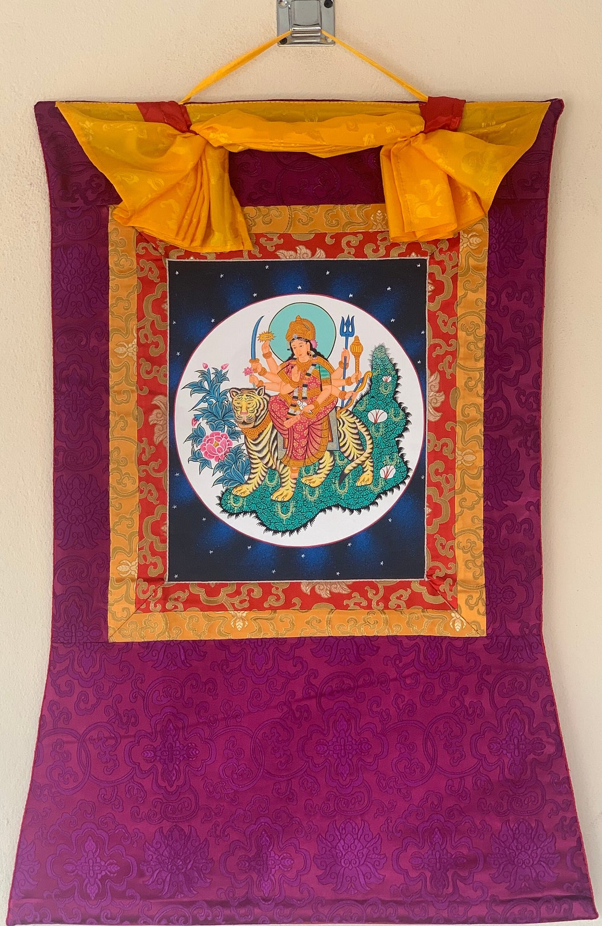 Goddess Durga, Jagdamba, Navadurga, Thangka Painting, Original Art  with Silk Brocade