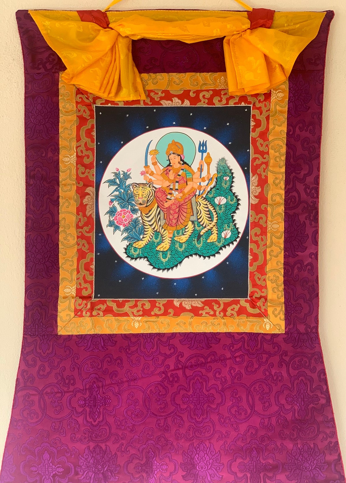 Goddess Durga, Jagdamba, Navadurga, Thangka Painting, Original Art  with Silk Brocade