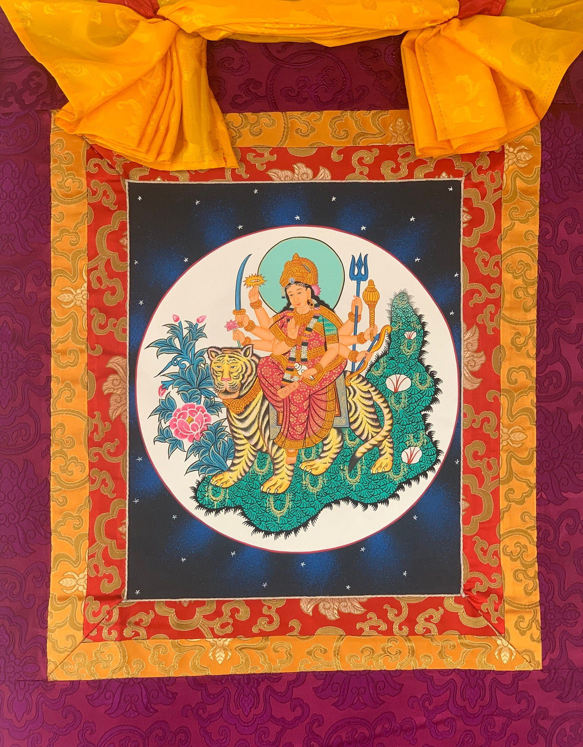 Goddess Durga, Jagdamba, Navadurga, Thangka Painting, Original Art  with Silk Brocade