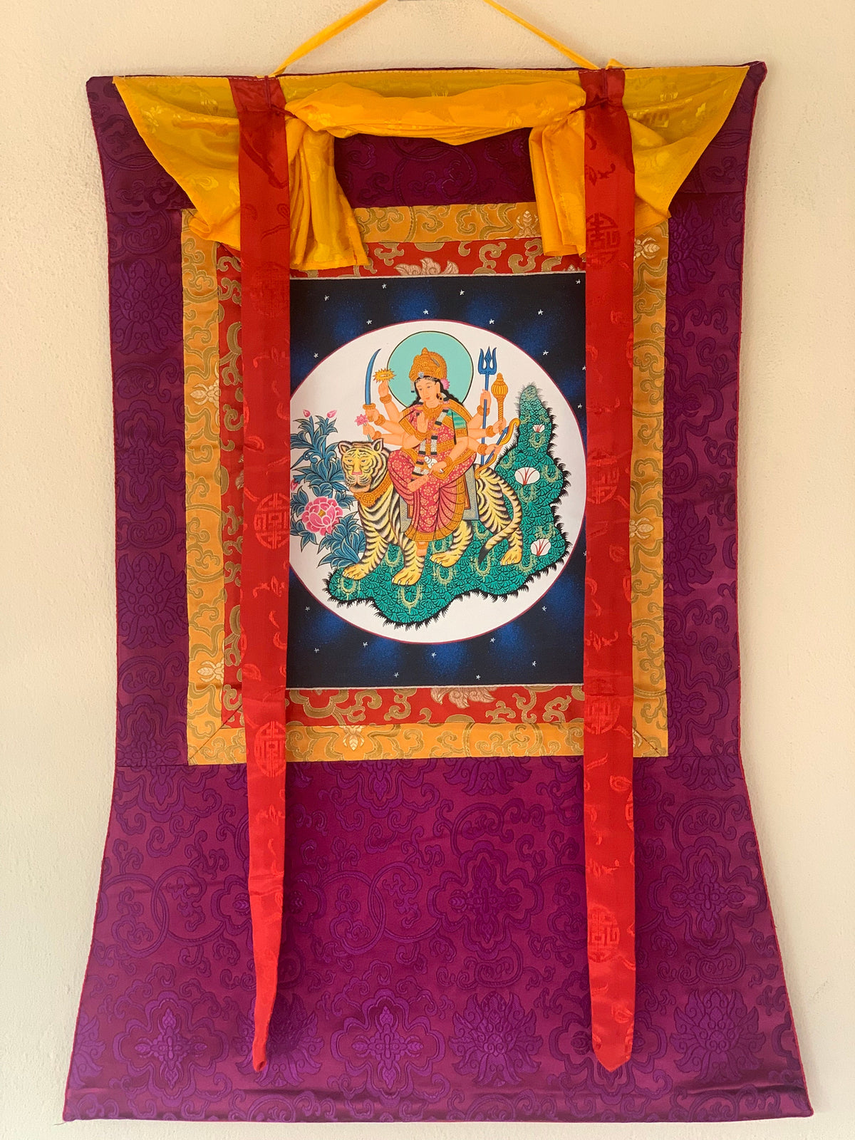 Goddess Durga, Jagdamba, Navadurga, Thangka Painting, Original Art  with Silk Brocade