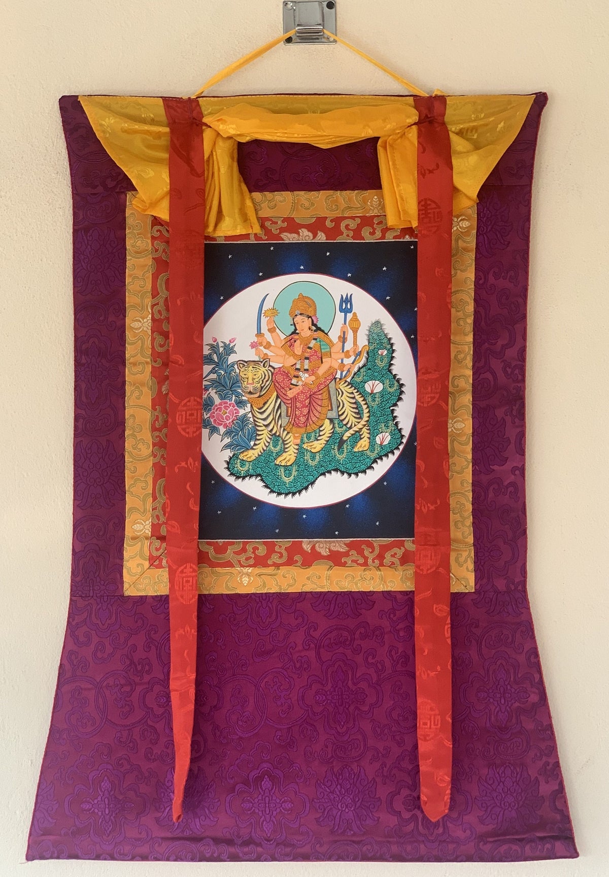 Goddess Durga, Jagdamba, Navadurga, Thangka Painting, Original Art  with Silk Brocade