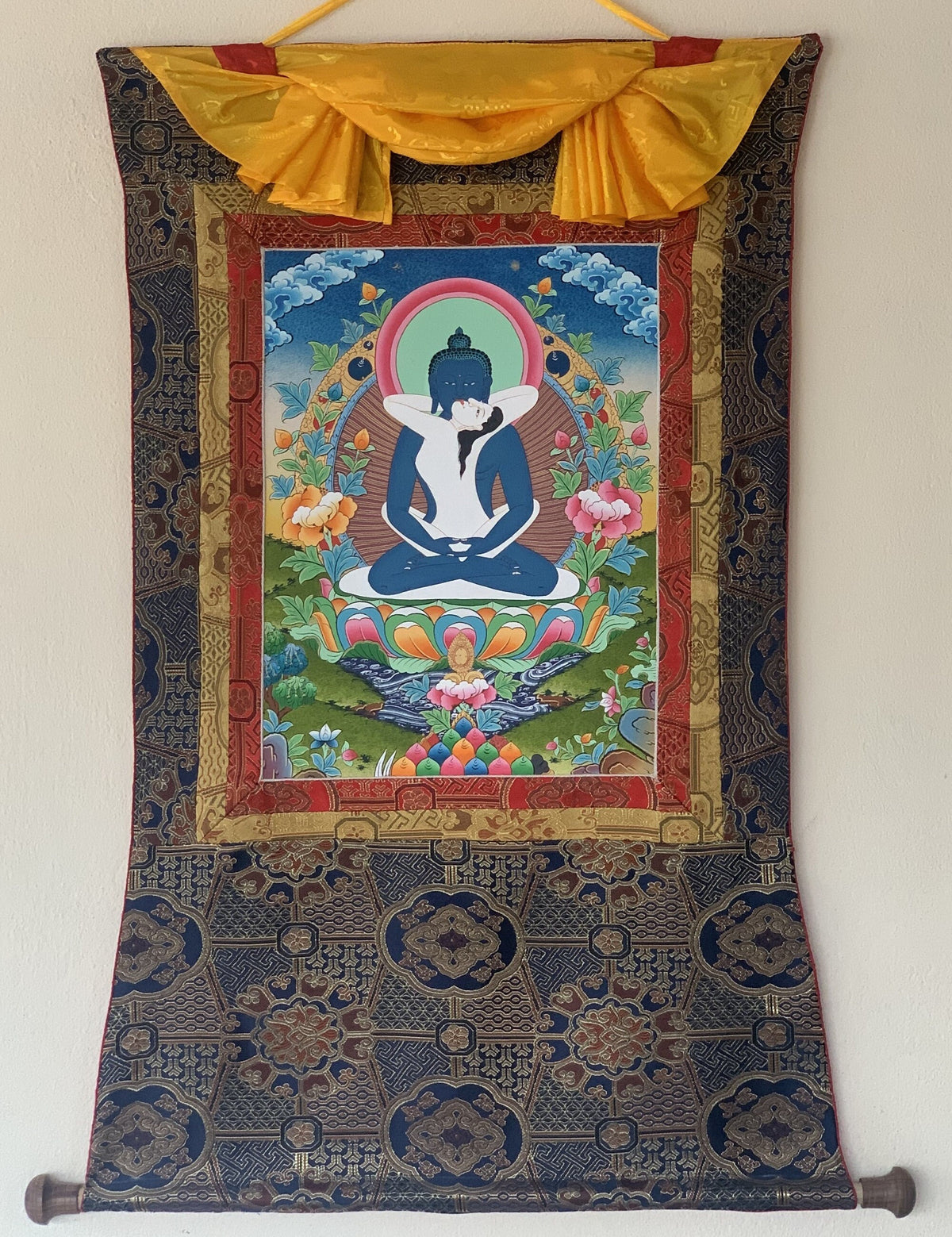 Buddha Shakti, Samantabhadra , Tibetan Thangka Painting, Original Art with Premium Silk Brocade