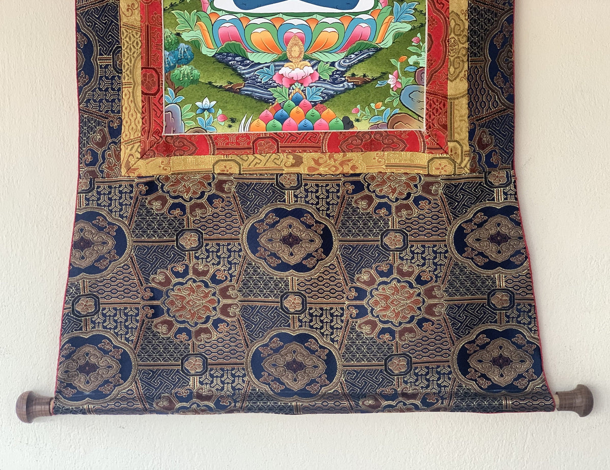 Buddha Shakti, Samantabhadra , Tibetan Thangka Painting, Original Art with Premium Silk Brocade