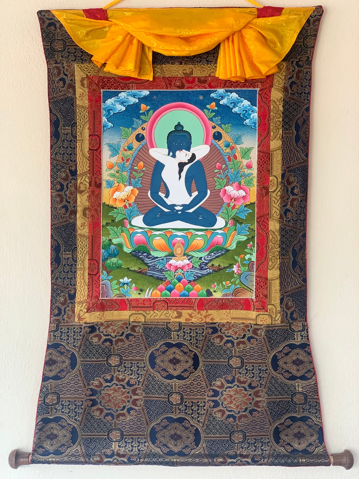 Buddha Shakti, Samantabhadra , Tibetan Thangka Painting, Original Art with Premium Silk Brocade