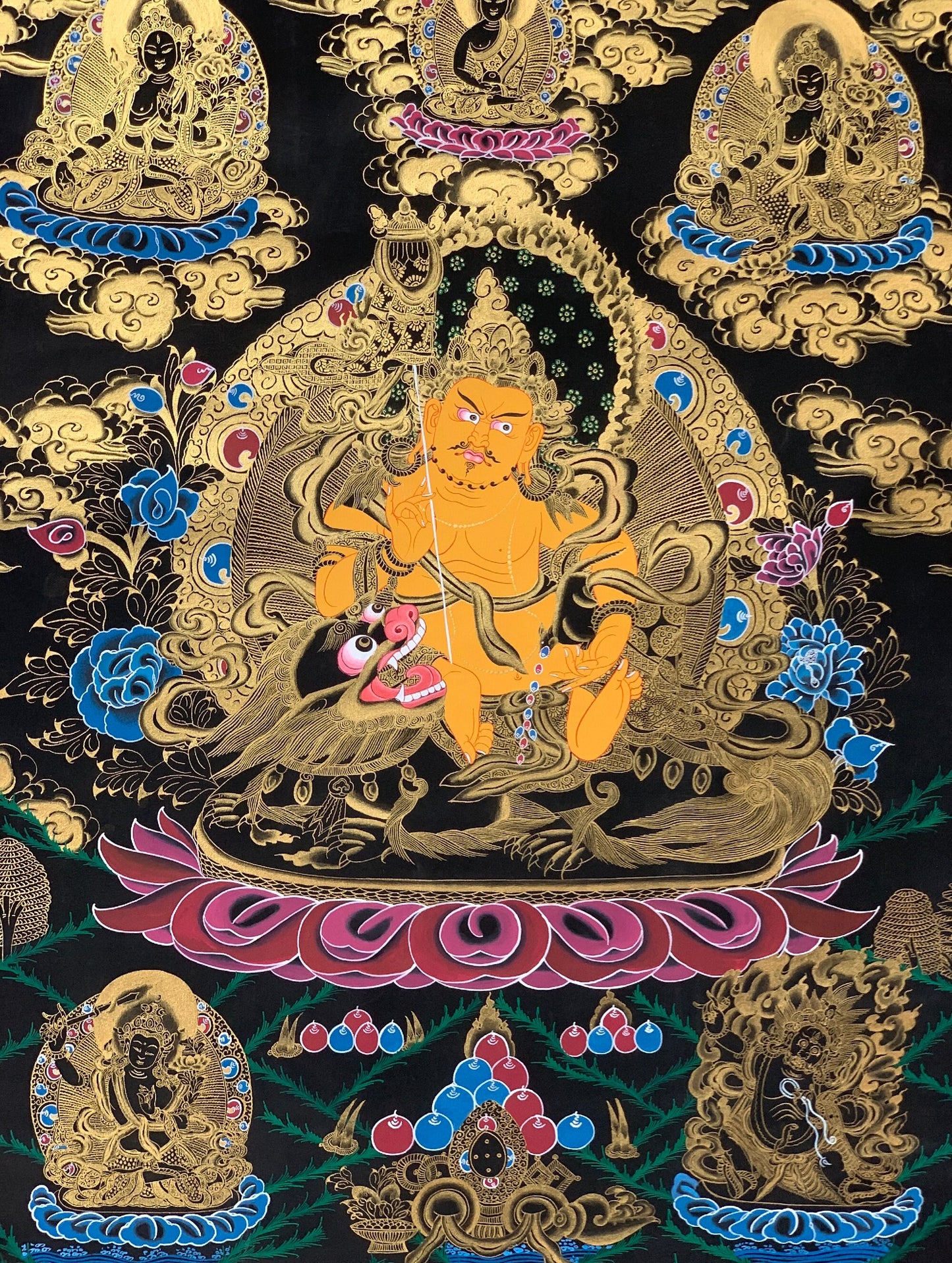 Large Jambhala Thangka | Hand-Painted Jambhala Wealth Deity Tibetan Art with Silk Brocade