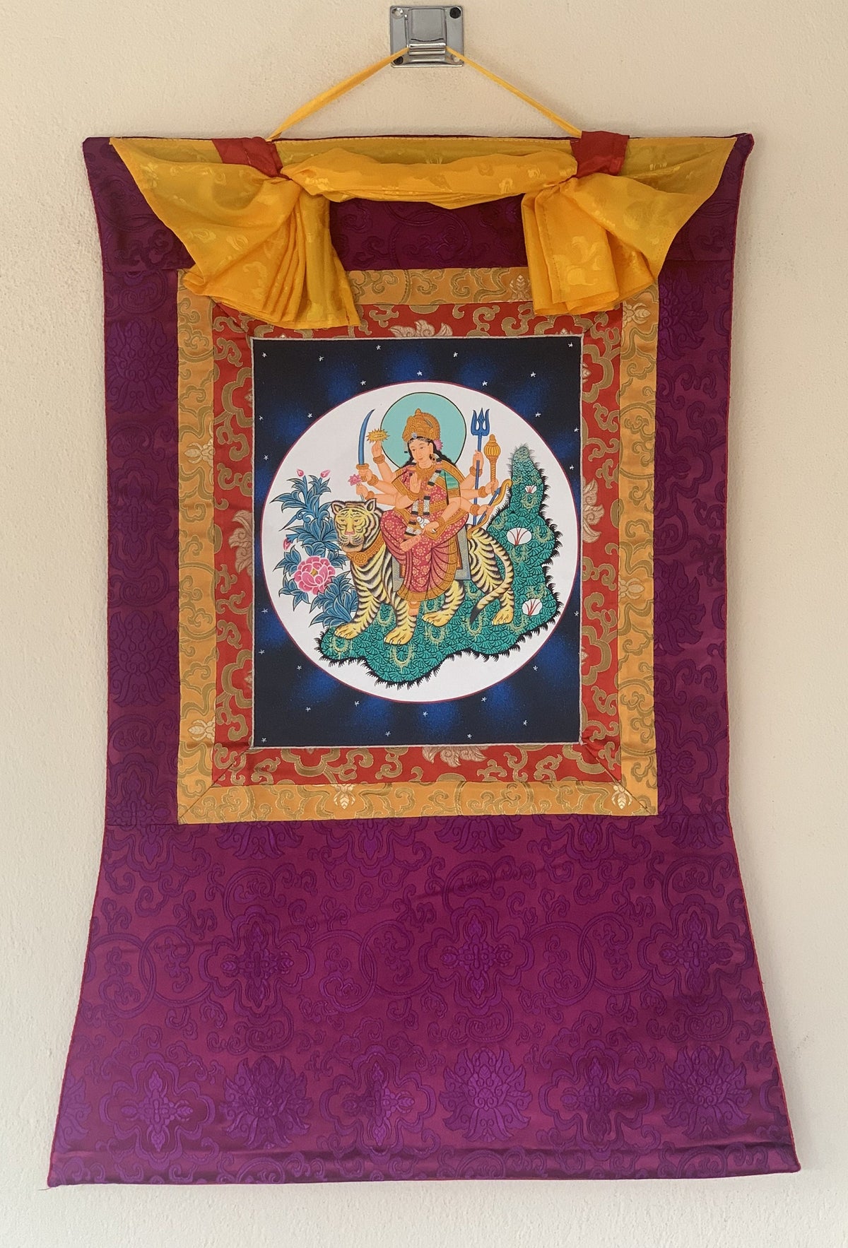 Goddess Durga, Jagdamba, Navadurga, Thangka Painting, Original Art  with Silk Brocade