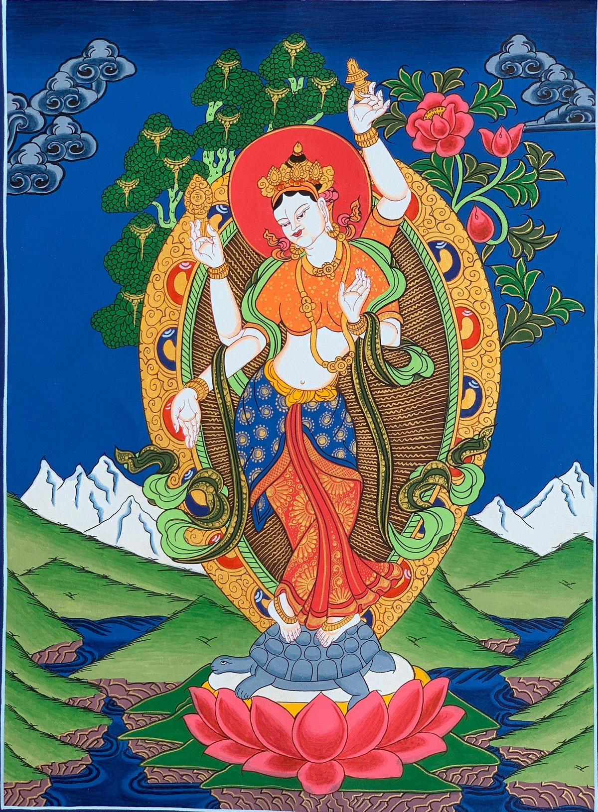Standing Laxmi/ Mahalaxmi Goddess of Wealth and Prosperity Hindu Buddhist Thangka Painting Original Art