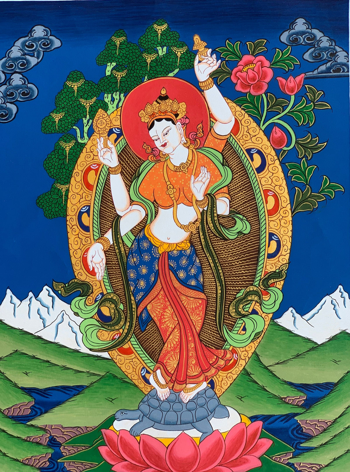 Standing Laxmi/ Mahalaxmi Goddess of Wealth and Prosperity Hindu Buddhist Thangka Painting Original Art