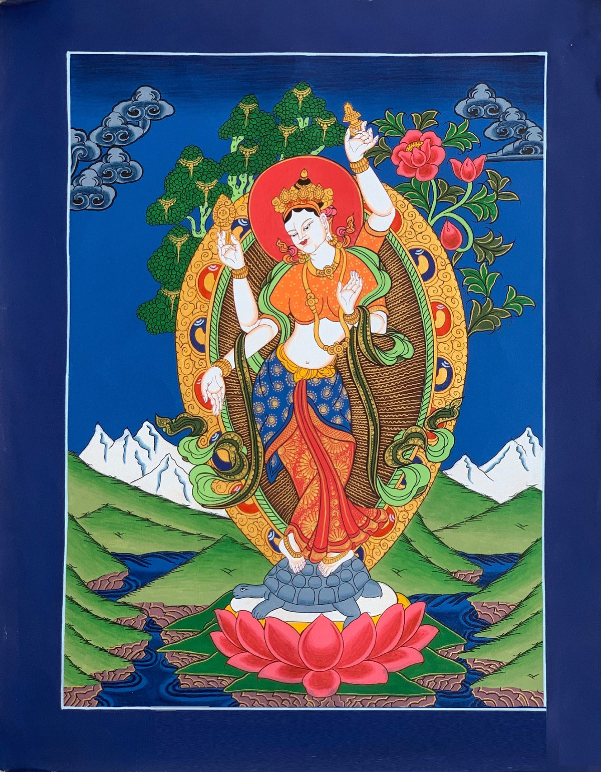 Standing Laxmi/ Mahalaxmi Goddess of Wealth and Prosperity Hindu Buddhist Thangka Painting Original Art