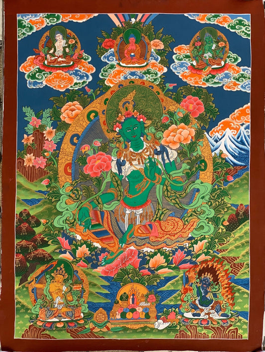Hand-painted Green Tara, Shyamatara, Mother Goddess, Thangka Painting  20 x 30-Inch