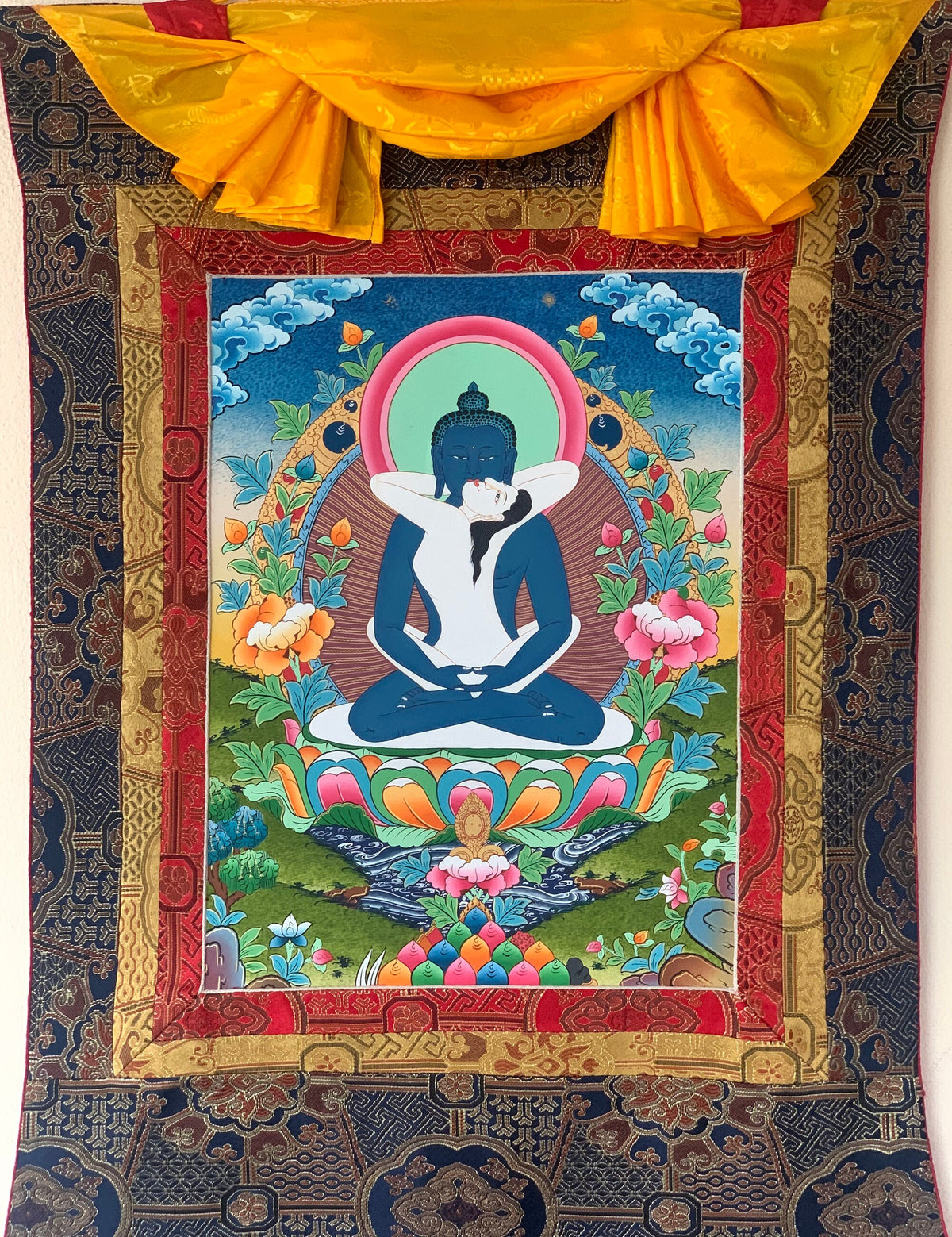 Buddha Shakti, Samantabhadra , Tibetan Thangka Painting, Original Art with Premium Silk Brocade