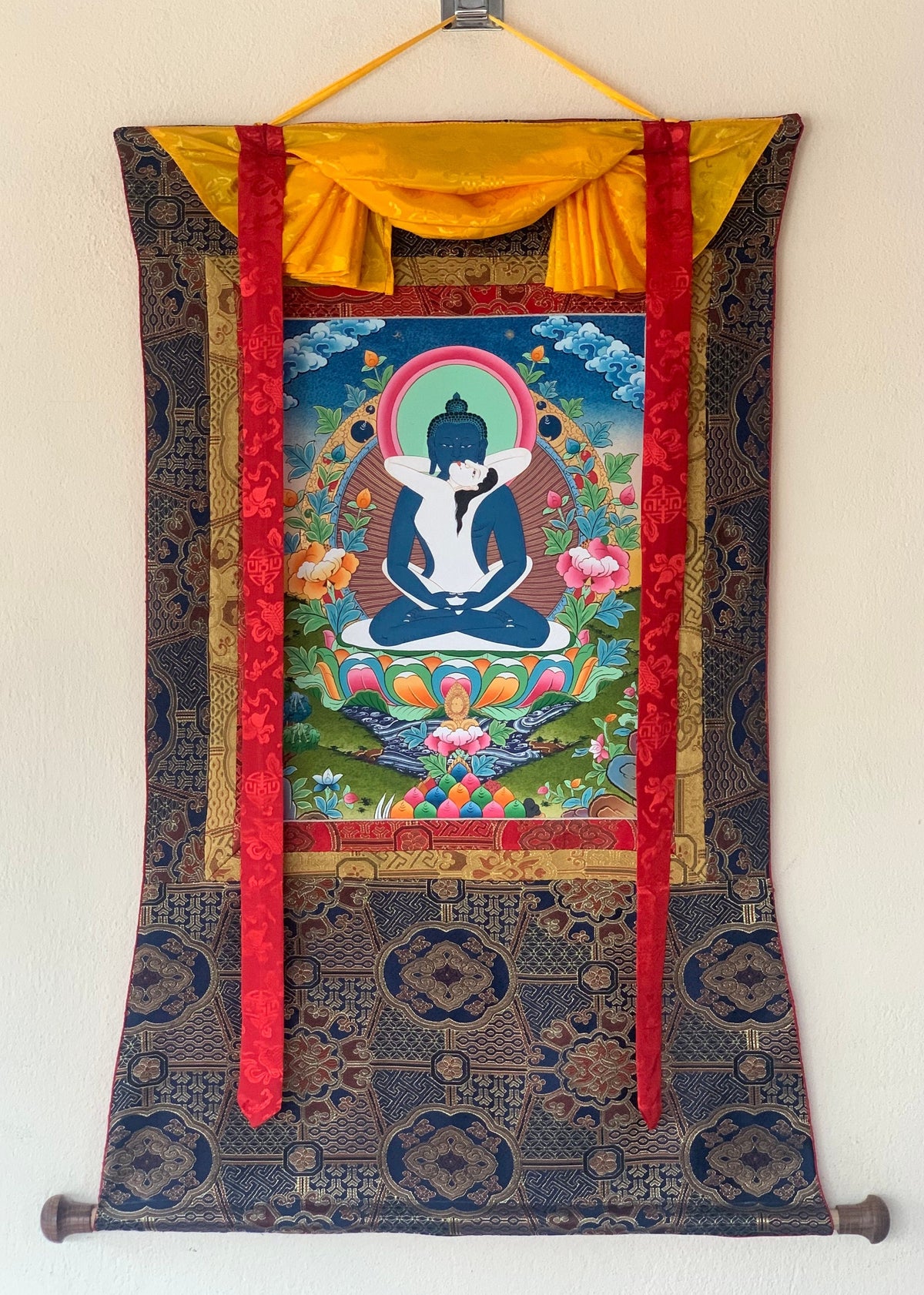 Buddha Shakti, Samantabhadra , Tibetan Thangka Painting, Original Art with Premium Silk Brocade