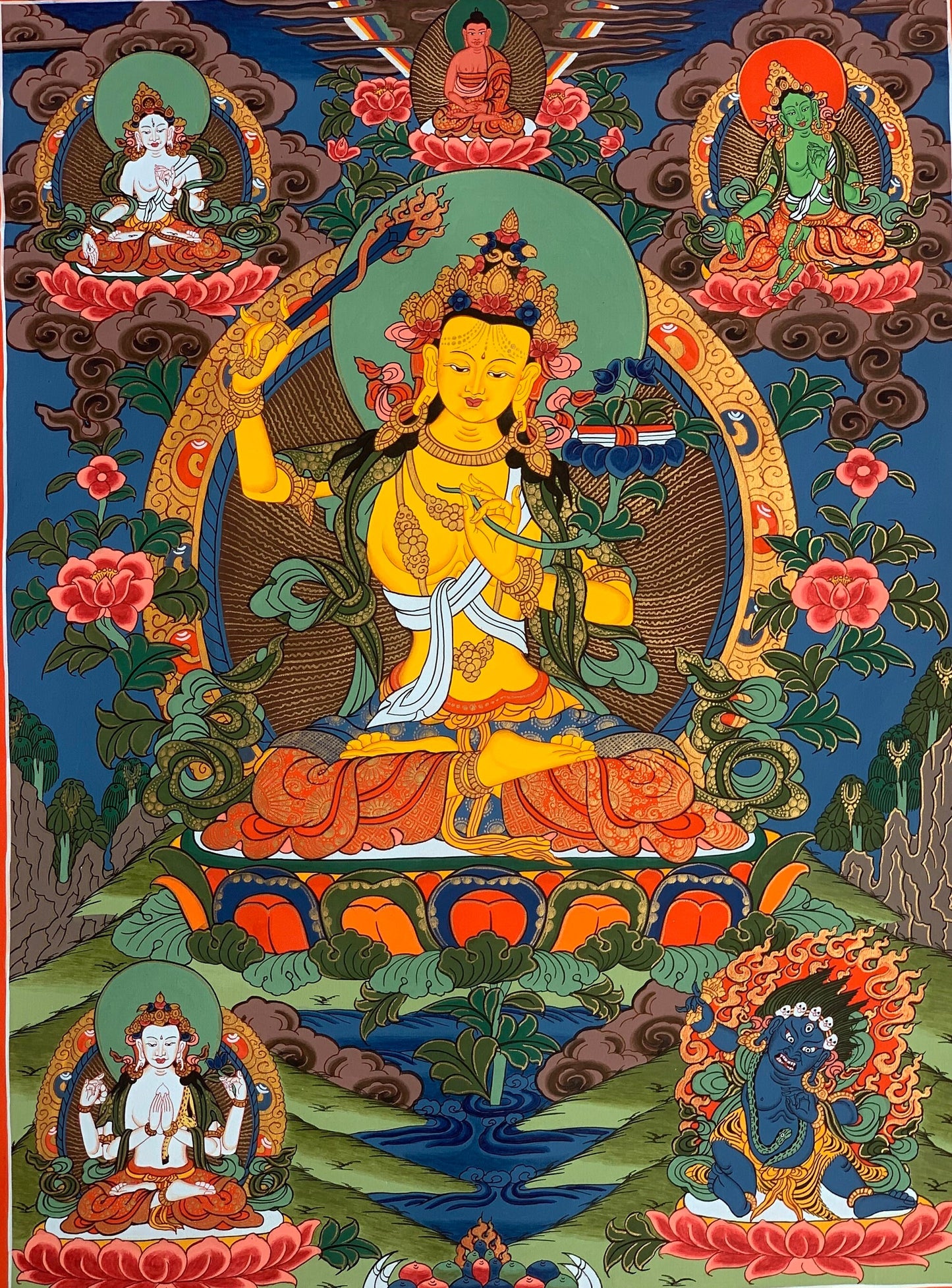 Manjushri Thangka Painting | Tibetan God of Wisdom | Hand-Painted Buddhist Art | Silk Brocade Available