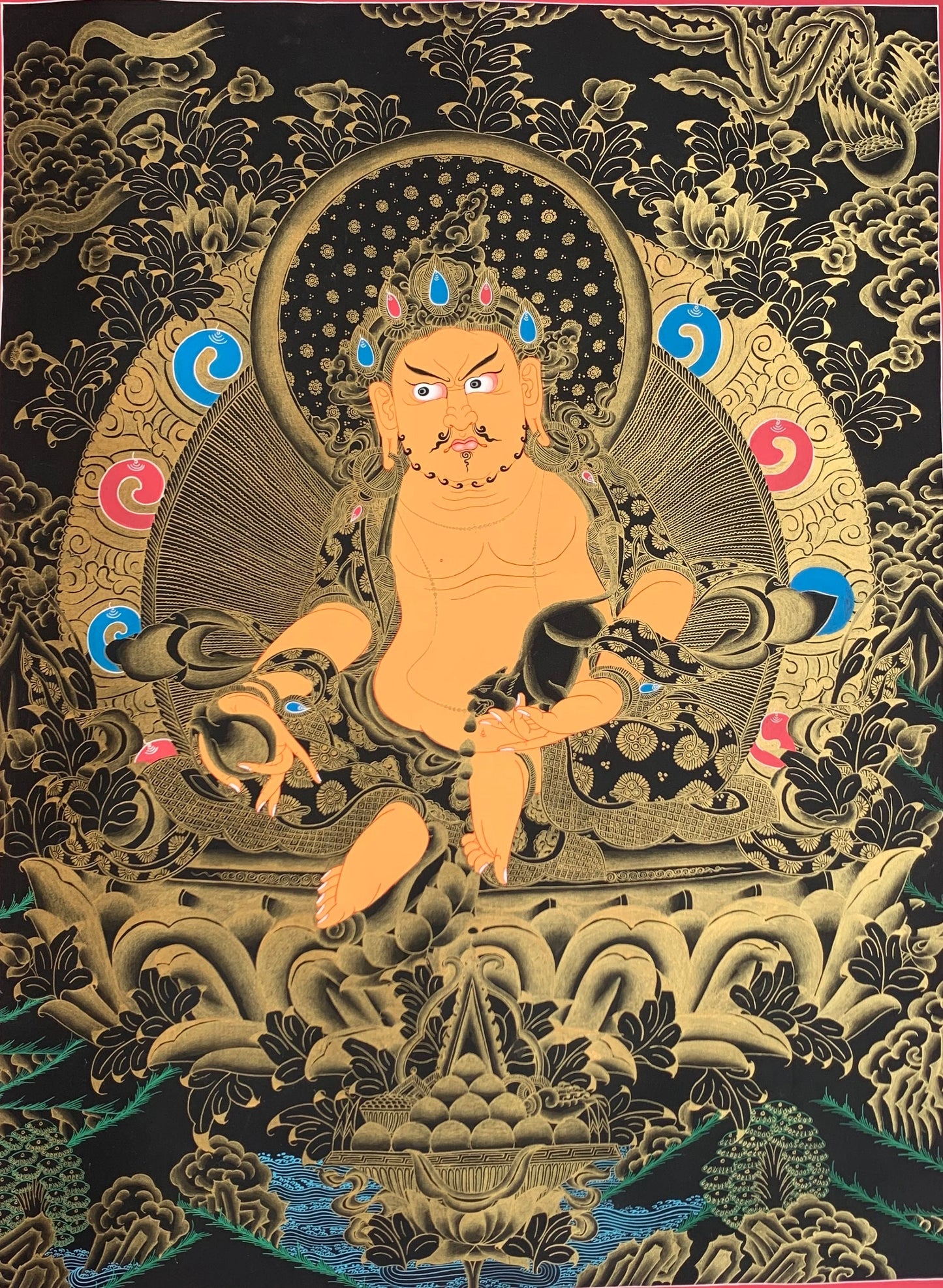 Large Jambhala Thangka | Hand-Painted Zambhala Kubera Wealth Deity with Silk Brocade