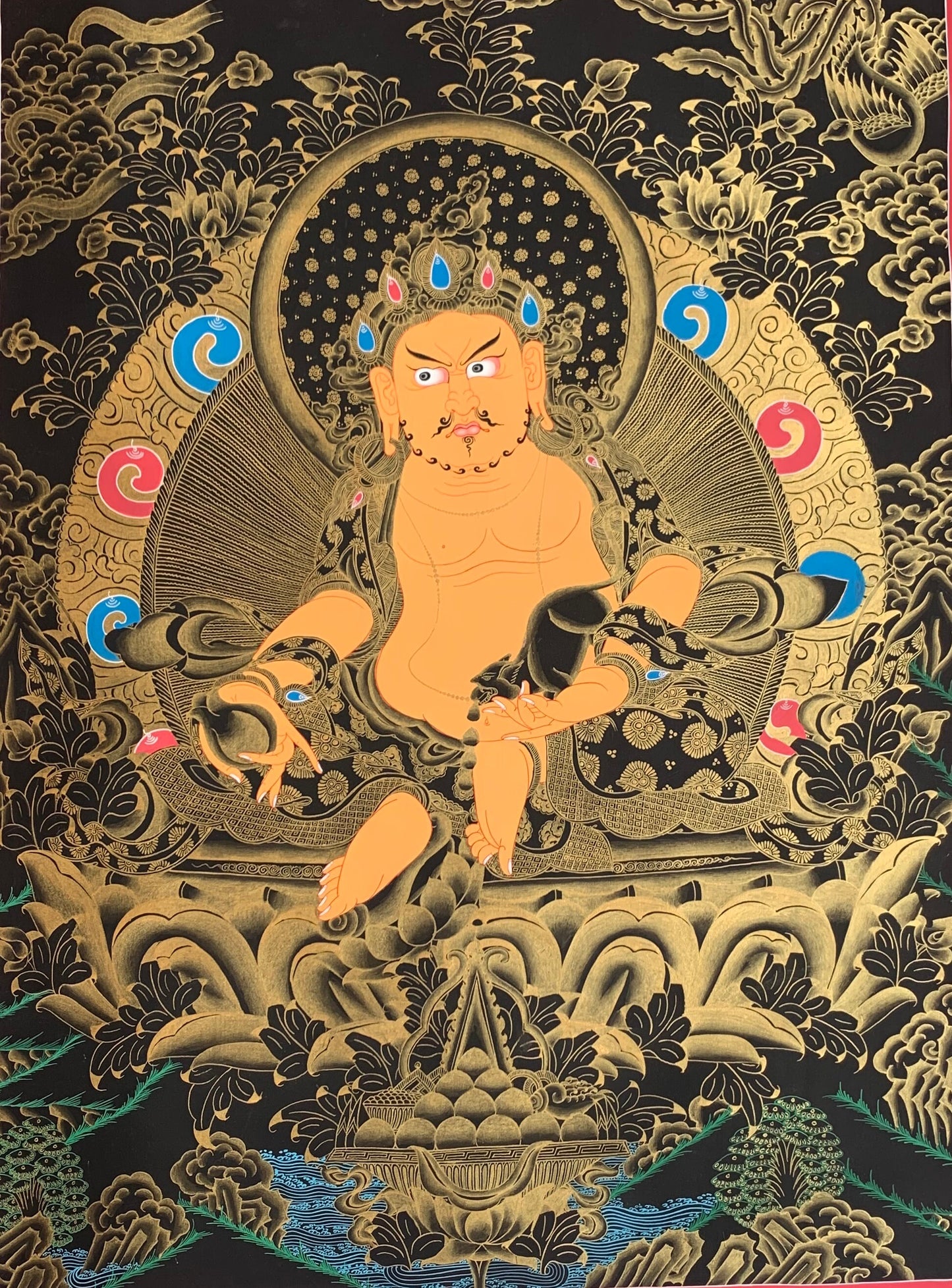 Large Jambhala Thangka | Hand-Painted Zambhala Kubera Wealth Deity with Silk Brocade