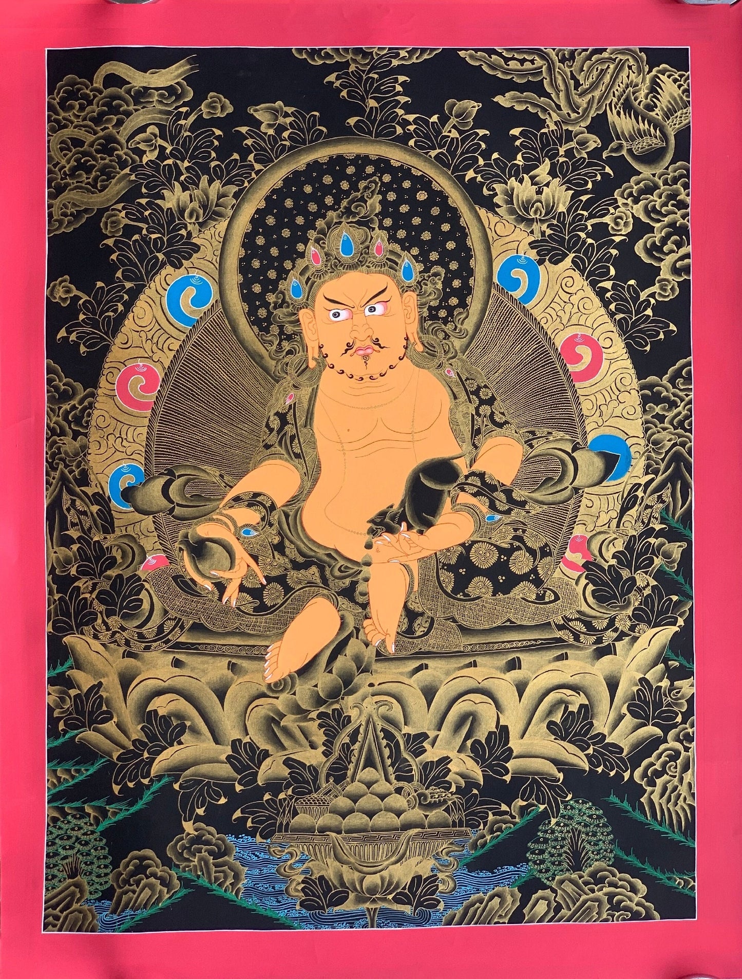Large Jambhala Thangka | Hand-Painted Zambhala Kubera Wealth Deity with Silk Brocade