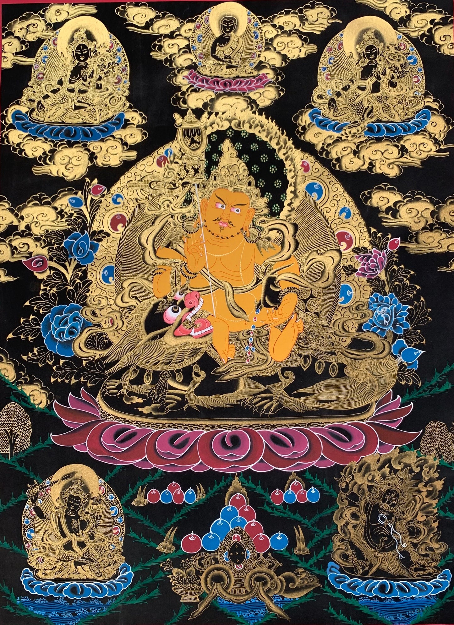 Large Jambhala Thangka | Hand-Painted Jambhala Wealth Deity Tibetan Art with Silk Brocade