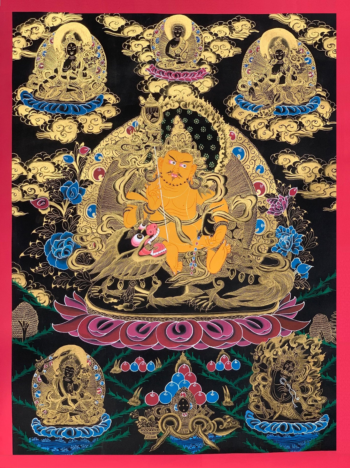 Large Jambhala Thangka | Hand-Painted Jambhala Wealth Deity Tibetan Art with Silk Brocade