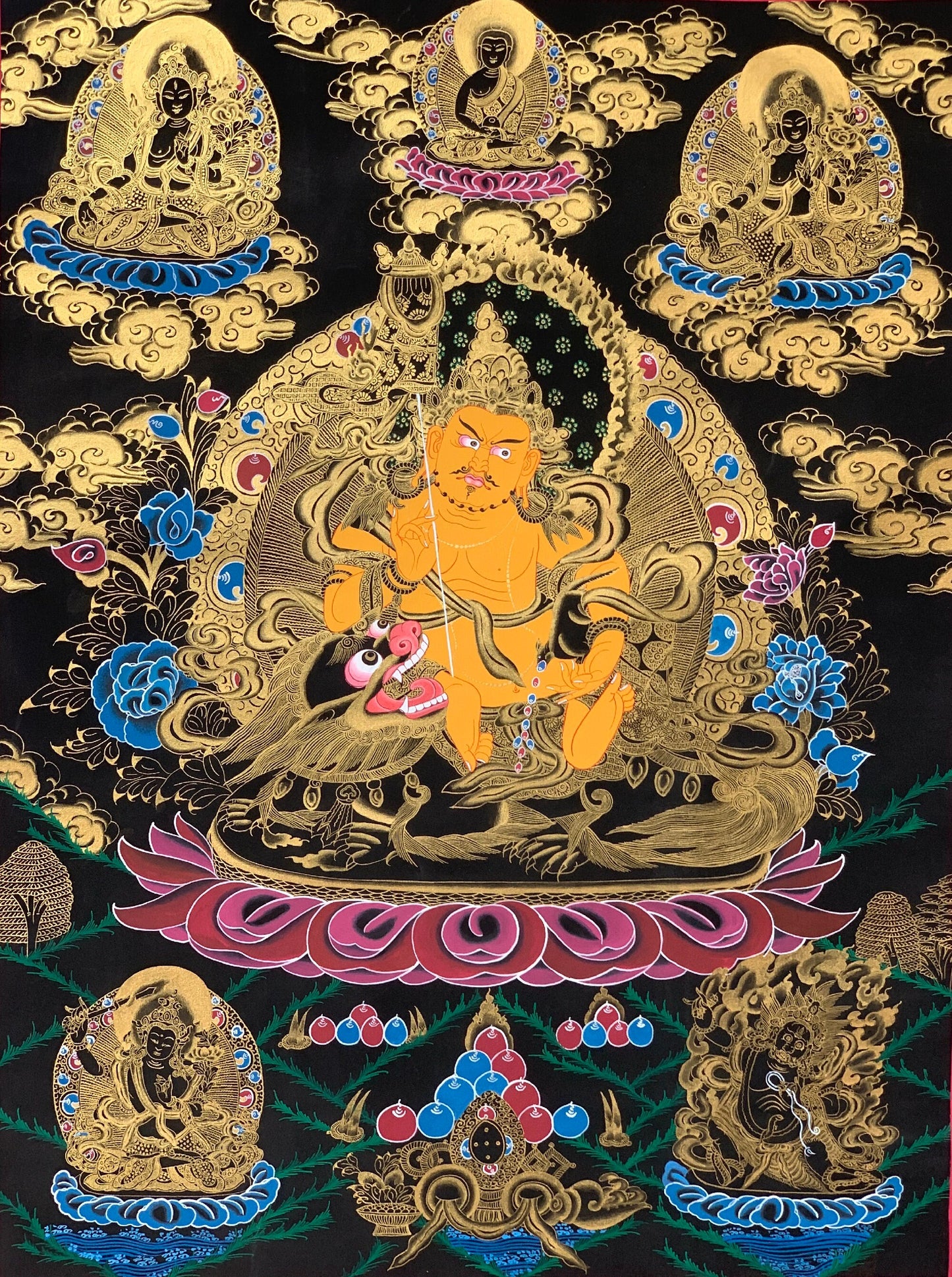 Large Jambhala Thangka | Hand-Painted Jambhala Wealth Deity Tibetan Art with Silk Brocade