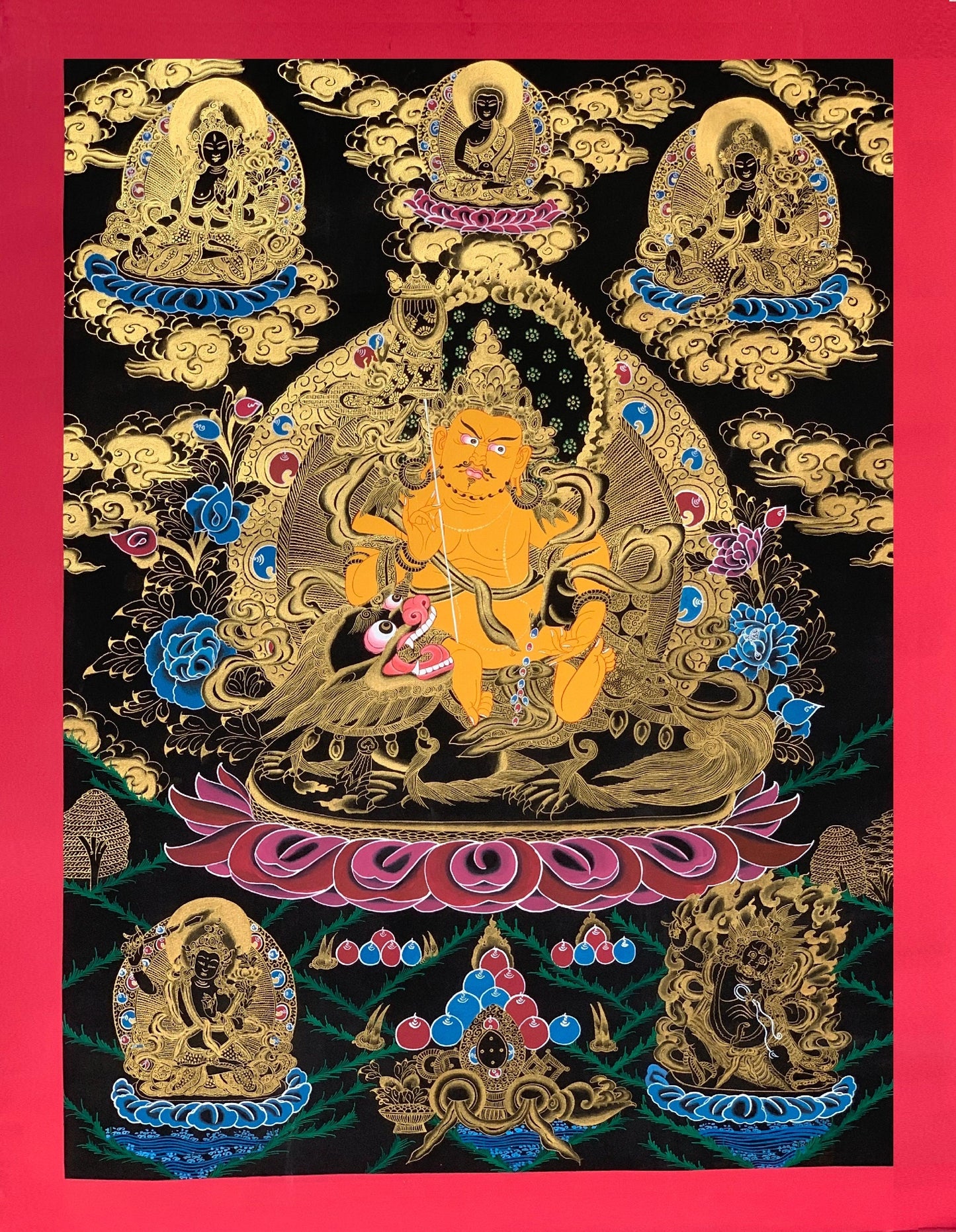 Large Jambhala Thangka | Hand-Painted Jambhala Wealth Deity Tibetan Art with Silk Brocade