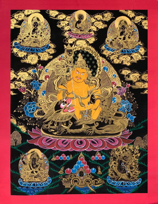 Large Jambhala Thangka | Hand-Painted Jambhala Wealth Deity Tibetan Art with Silk Brocade