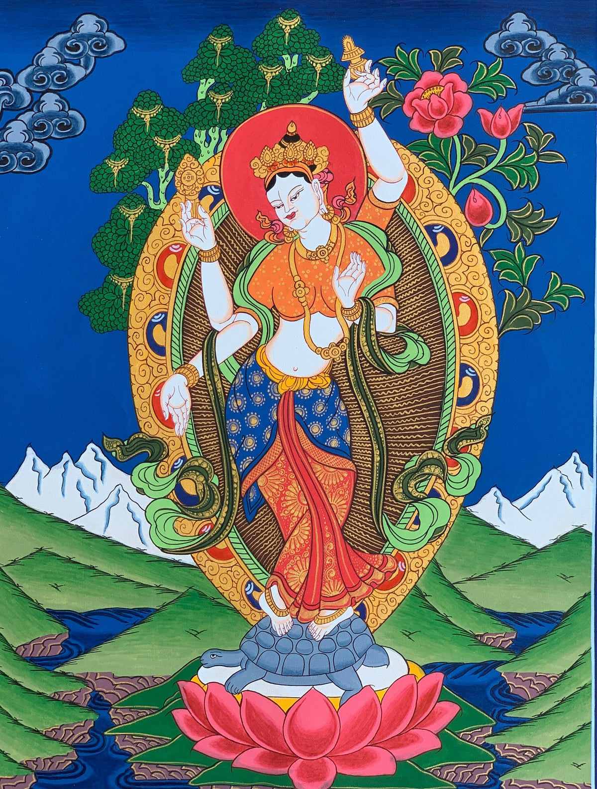 Standing Laxmi/ Mahalaxmi Goddess of Wealth and Prosperity Hindu Buddhist Thangka Painting Original Art