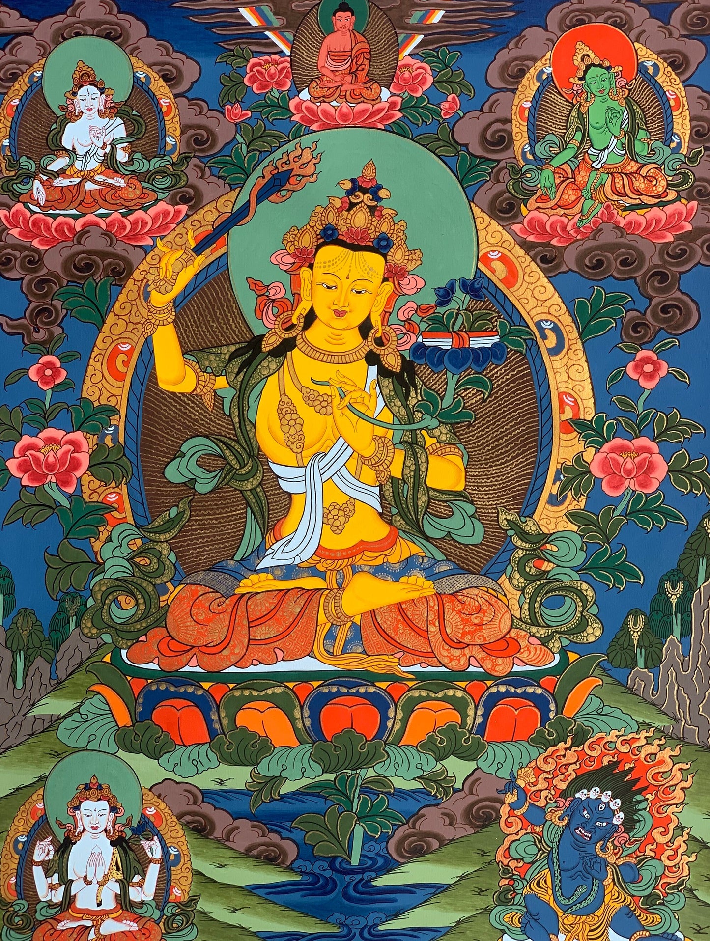 Manjushri Thangka Painting | Tibetan God of Wisdom | Hand-Painted Buddhist Art | Silk Brocade Available