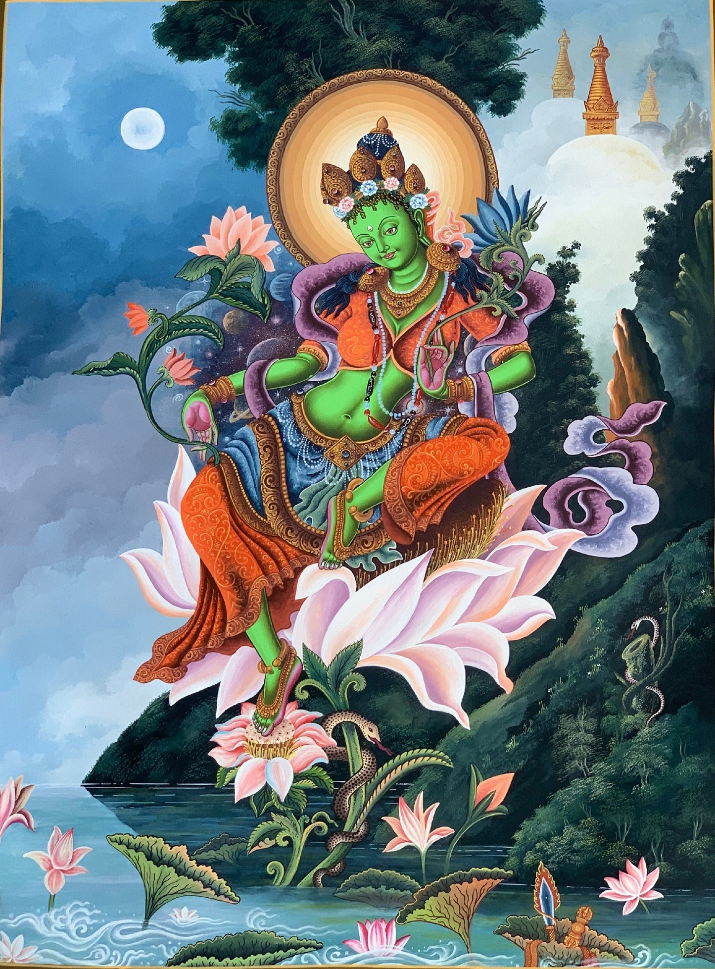Green Tara Newari Paubha Thangka Painting Hand-Painted Tibetan Buddhist Art Nepal
