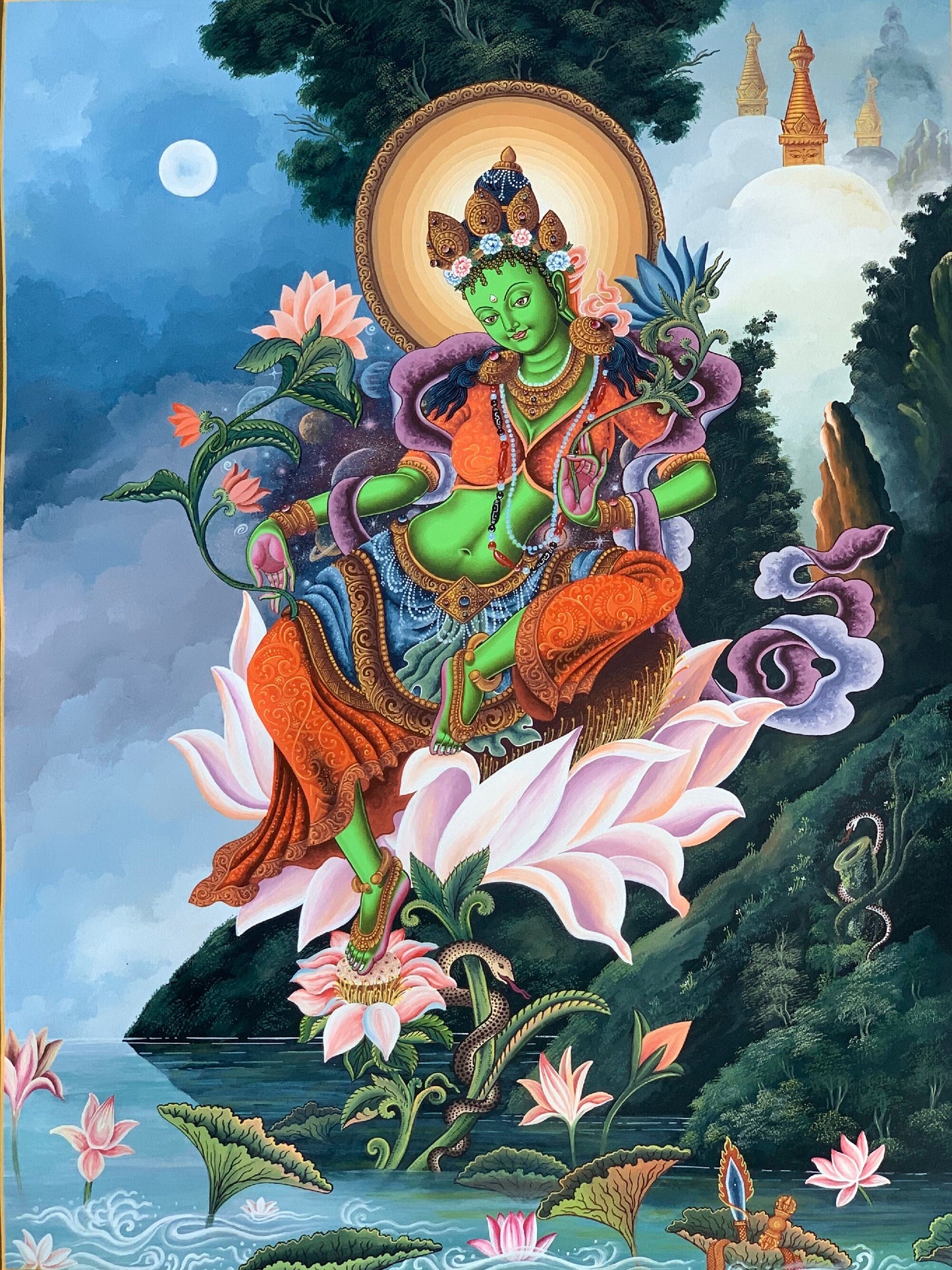 Green Tara Newari Paubha Thangka Painting Hand-Painted Tibetan Buddhist Art Nepal