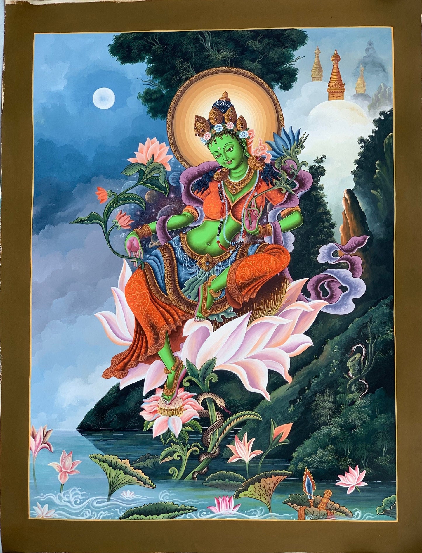 Green Tara Newari Paubha Thangka Painting Hand-Painted Tibetan Buddhist Art Nepal