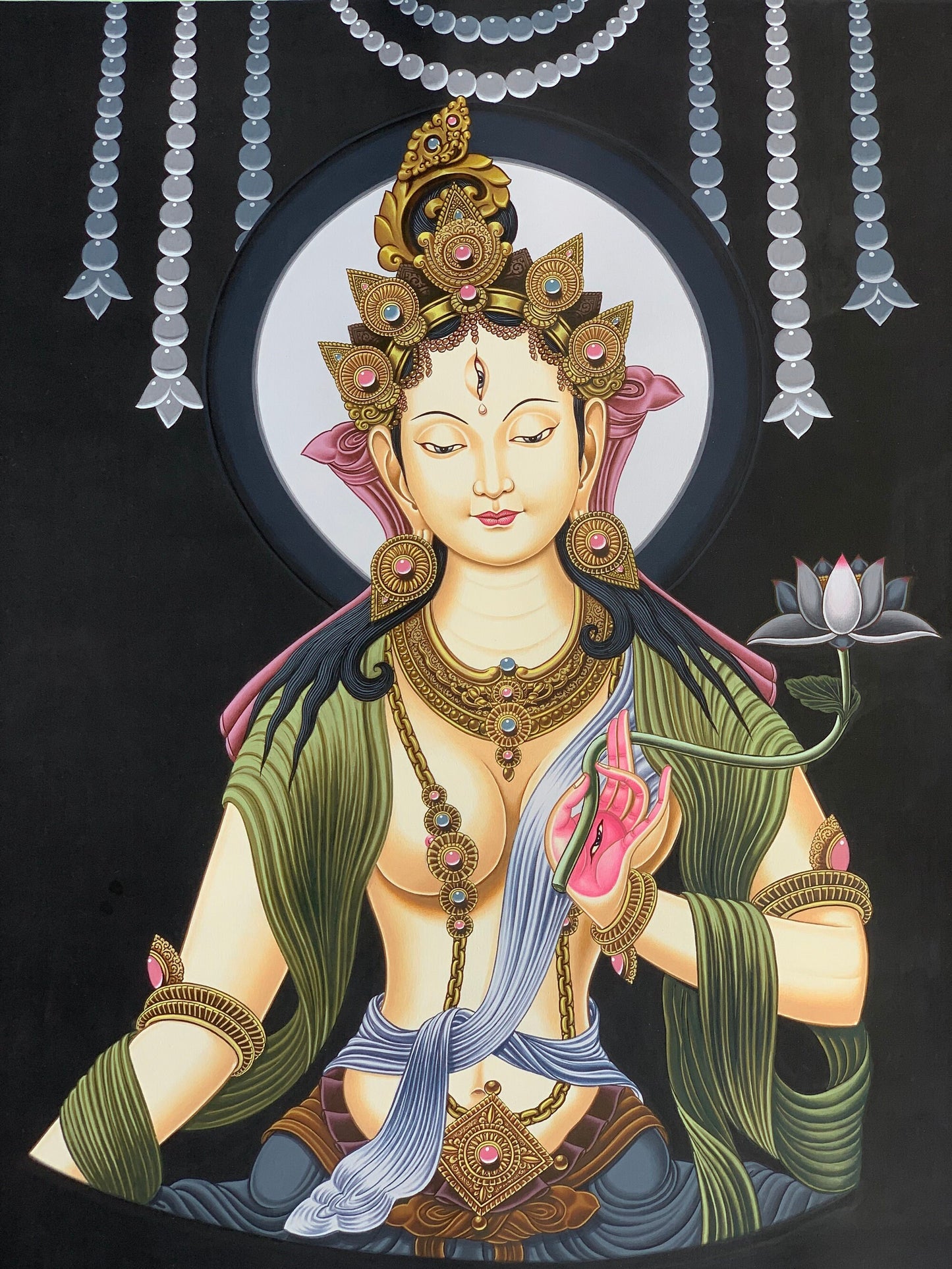 Original Hand-Painted White Tara Newari Thangka - Compassion Paubha Art - Mother Tara Meditation Painting