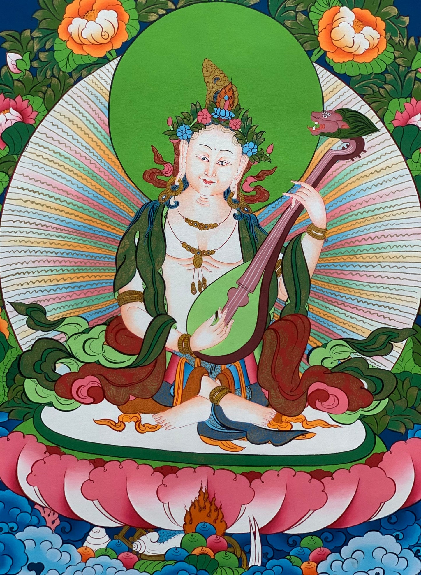 Hand-painted  Saraswati, Goddess of Learning and Art, Music, Thangka Painting