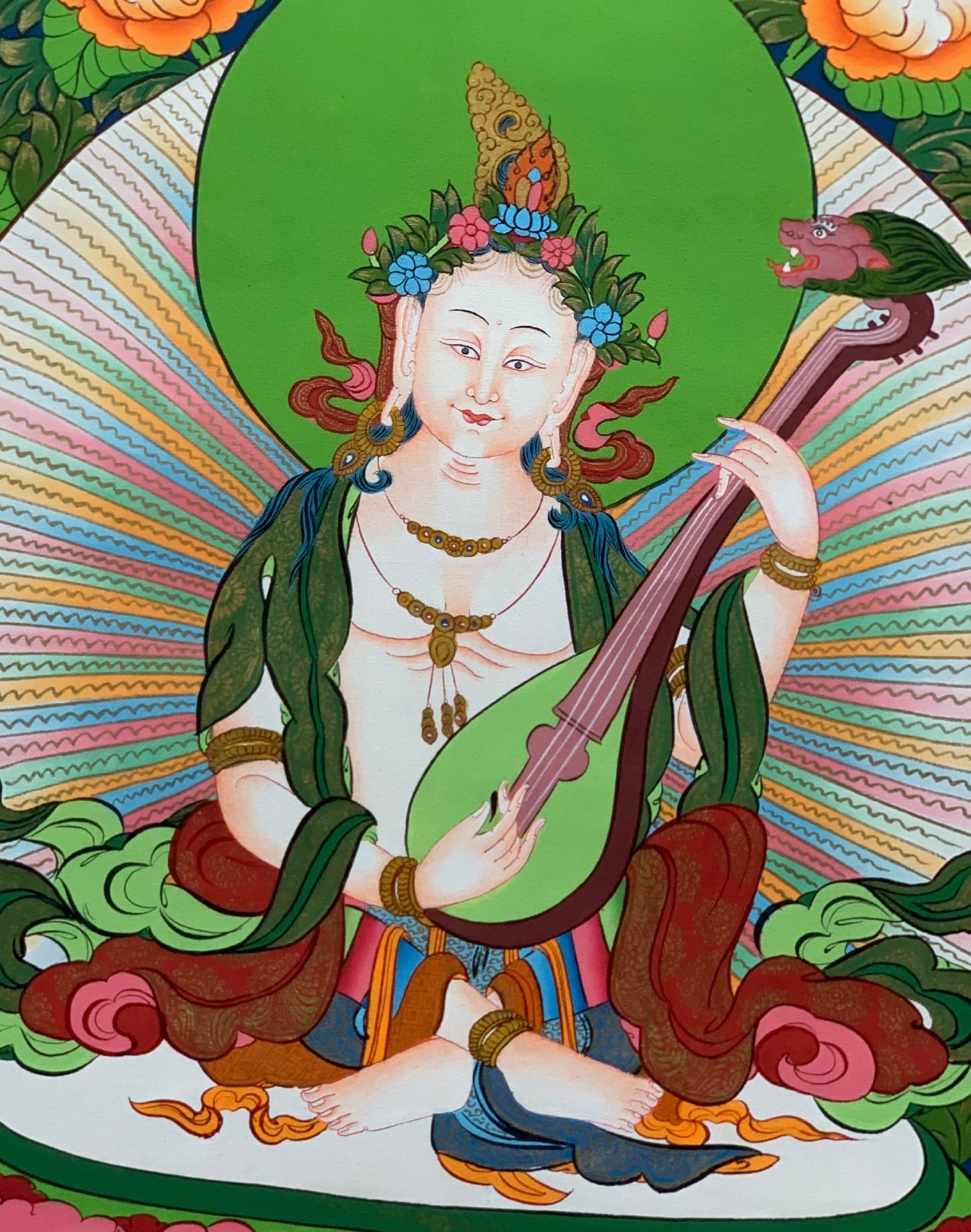 Hand-painted  Saraswati, Goddess of Learning and Art, Music, Thangka Painting