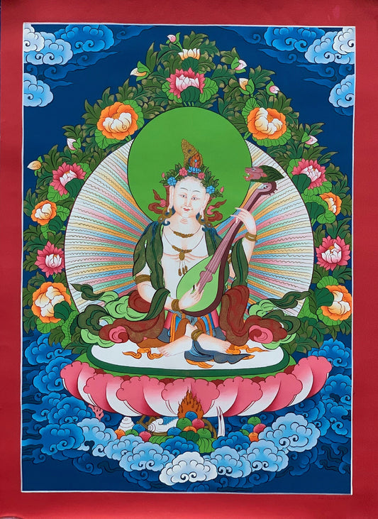 Hand-painted  Saraswati, Goddess of Learning and Art, Music, Thangka Painting