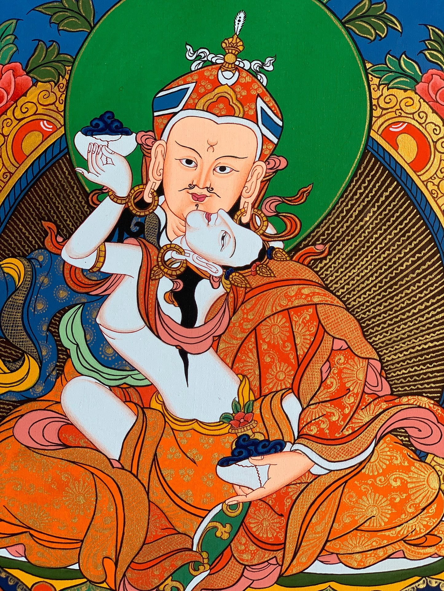 Hand-Painted Guru Rinpoche Thangka with Mandarava - Padmasambhava Tibetan Buddhist Art