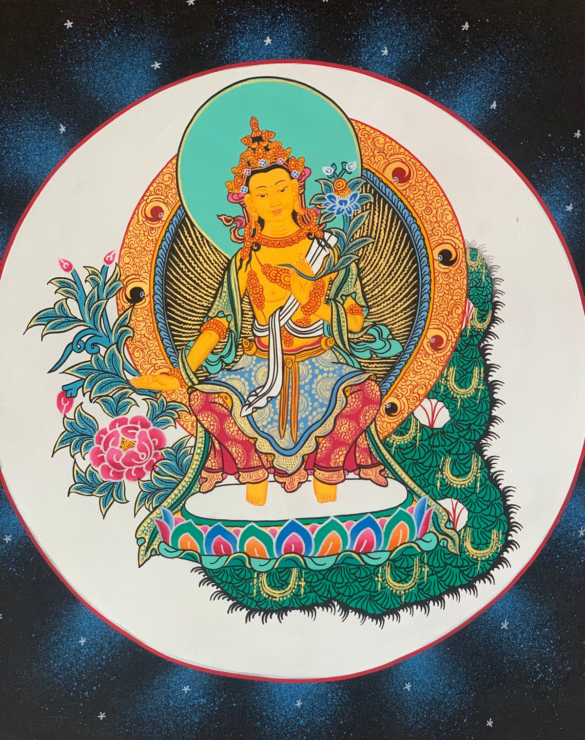 Maitreya Buddha/ Future Buddha Tibetan Thangka Painting Original Art Bordered with Silk
