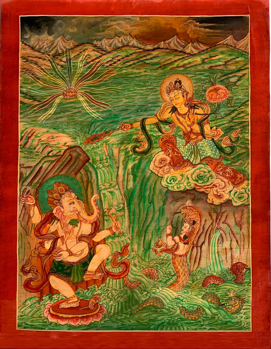 Hand-Painted Manjushri Thangka: Kathmandu Valley, Oil-Varnished