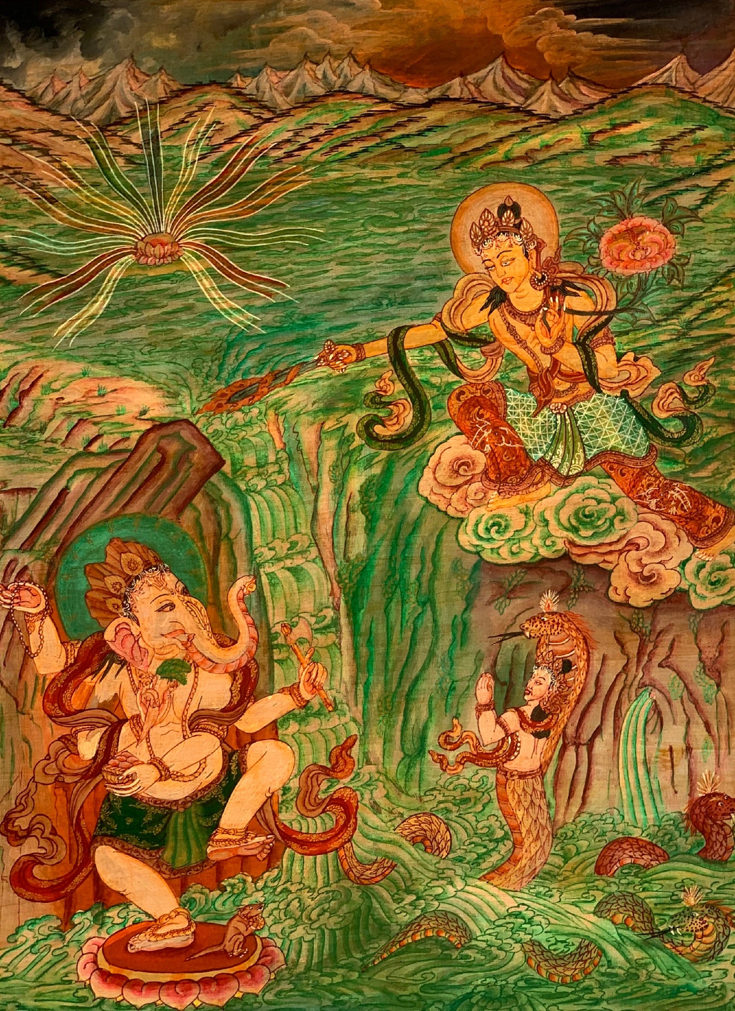 Hand-Painted Manjushri Thangka: Kathmandu Valley, Oil-Varnished