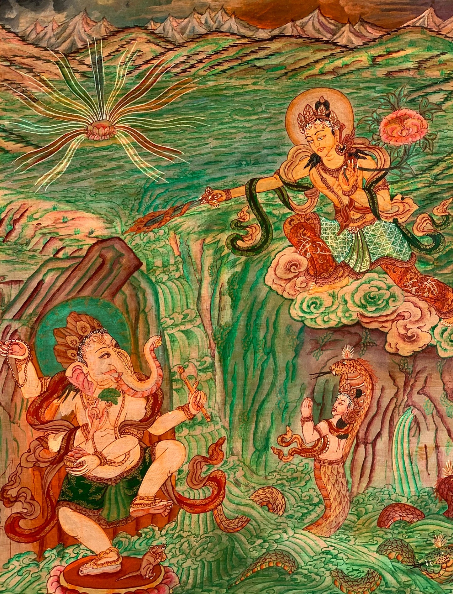 Hand-Painted Manjushri Thangka: Kathmandu Valley, Oil-Varnished