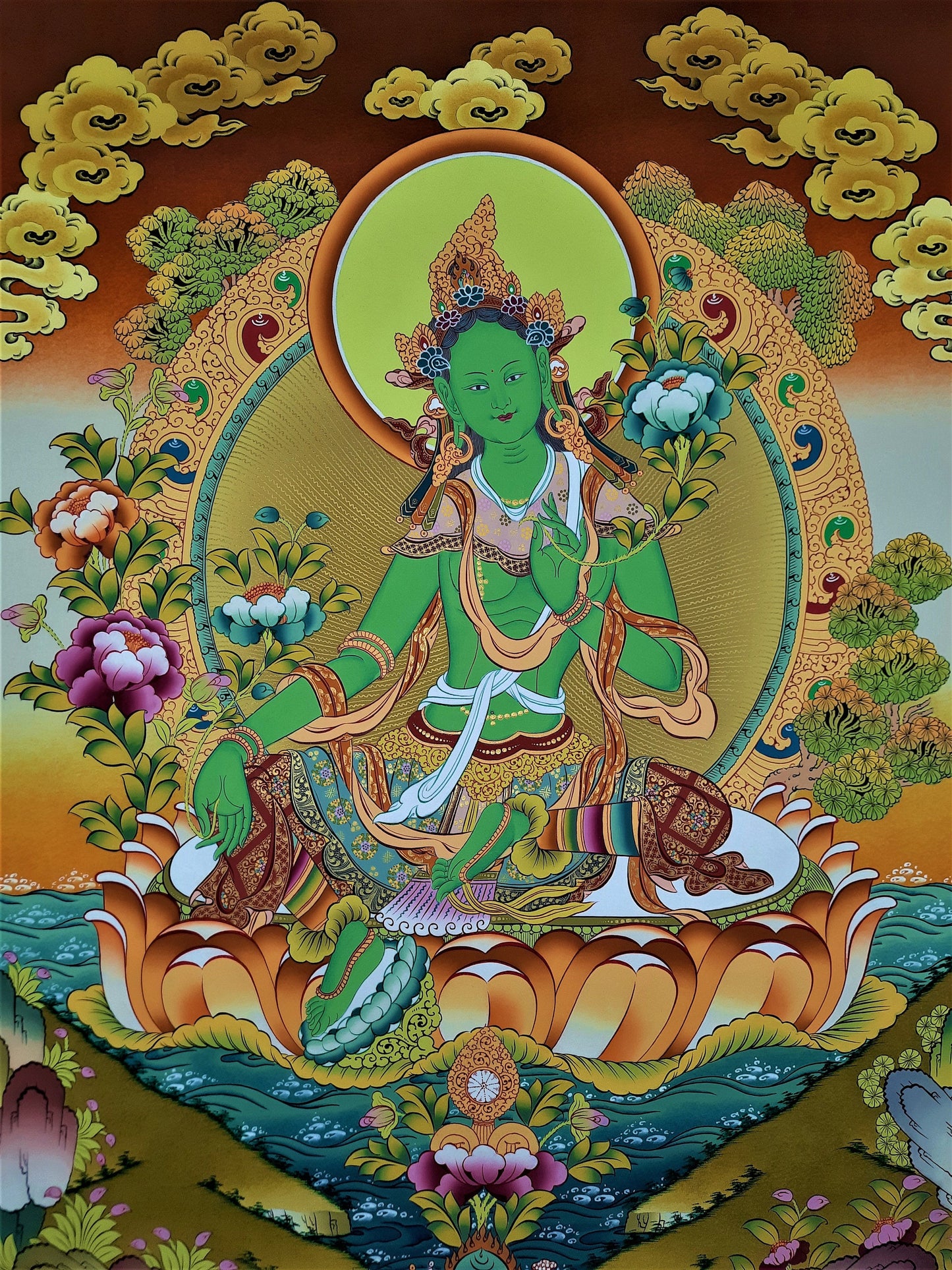 Hand-Painted Green Tara Gold Thangka  | Compassion & Protection |  Tibetan Buddhist Art