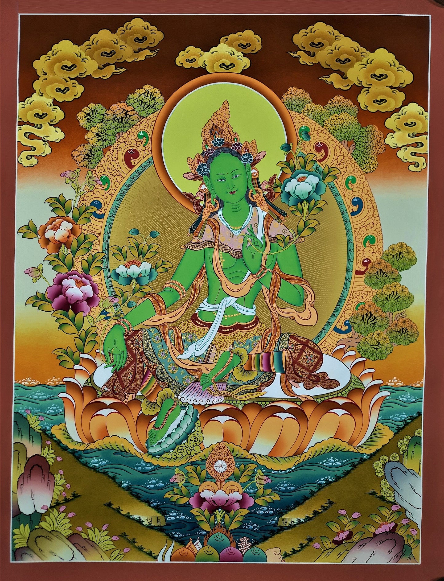 Hand-Painted Green Tara Gold Thangka  | Compassion & Protection |  Tibetan Buddhist Art